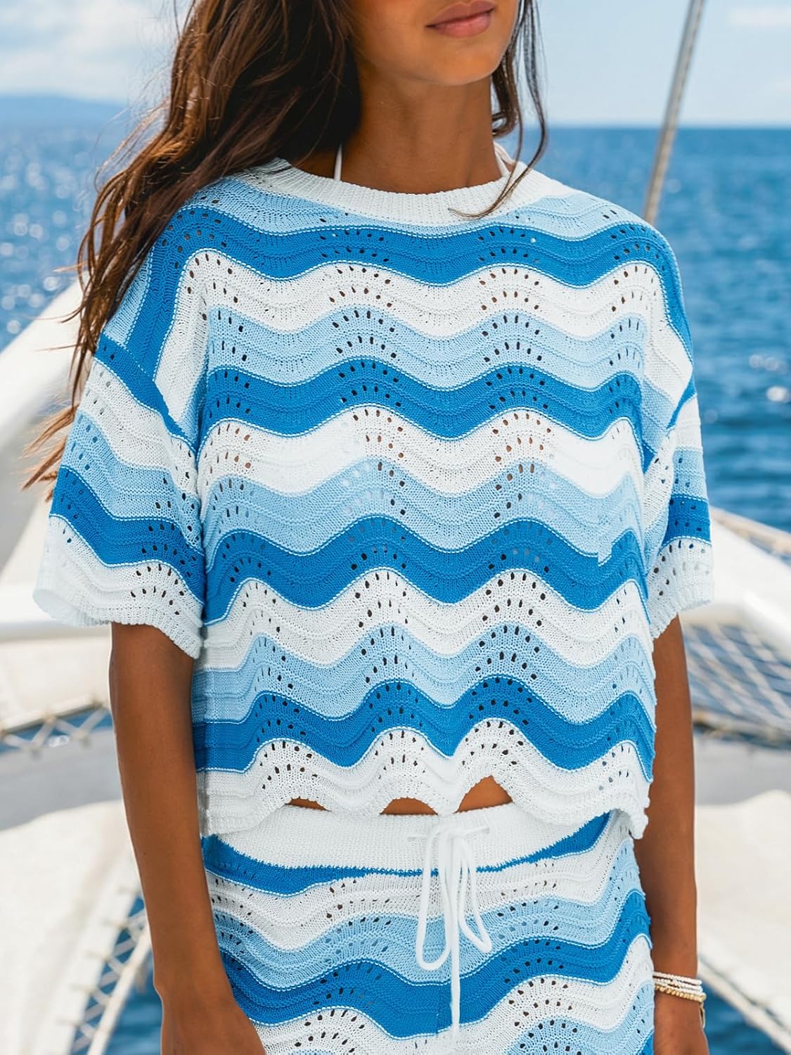 CUPSHE Women's Crochet Cover Up Top Striped Short Sleeve Beach Cover Up Top Summer Casual Tops for Swimwear