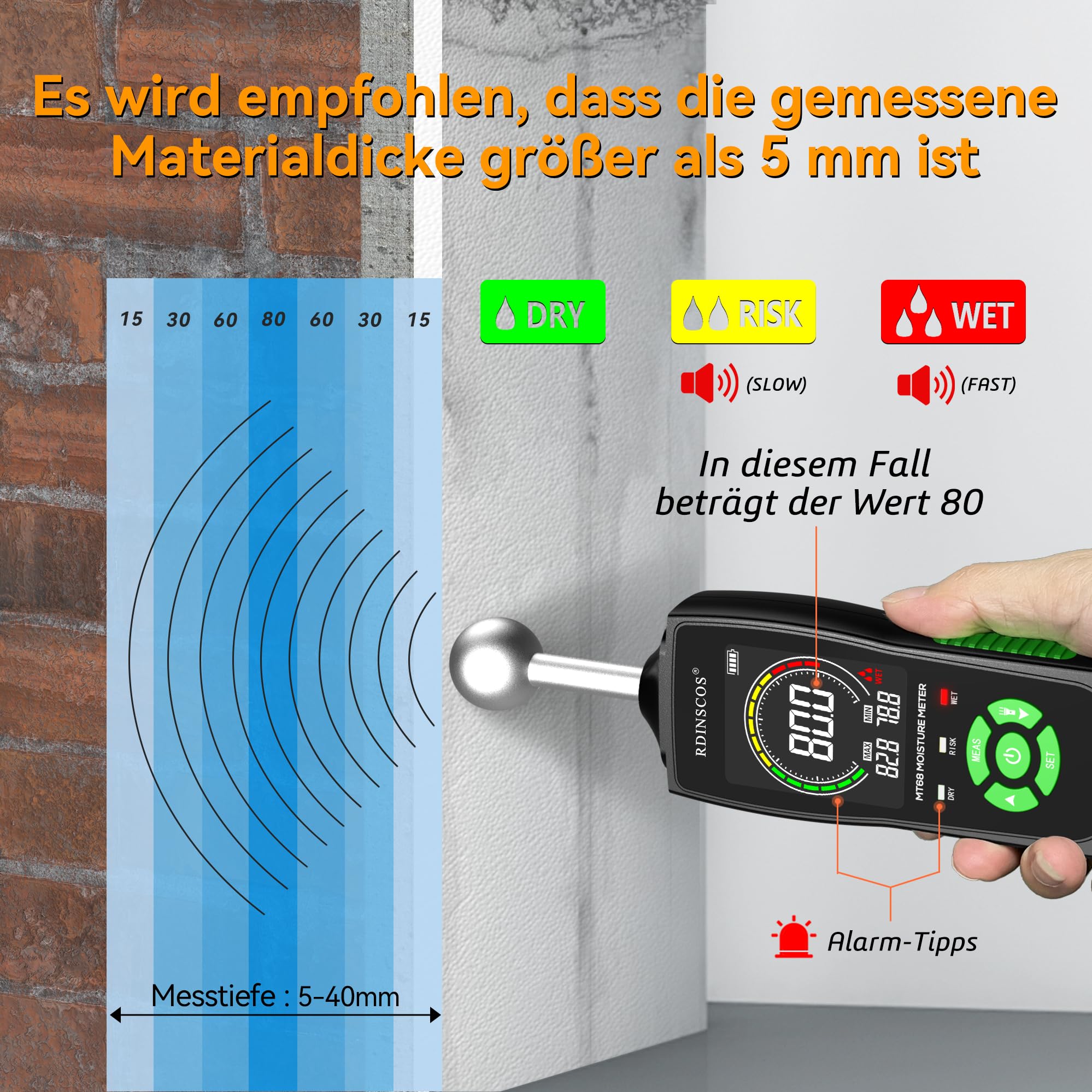Feuchtigkeitsmessgerät Wand RDINSCOS Feuchtemessgerät Mauerwerk Feuchtigkeitsmesser Wand für Wände Holz cm Messgerät Estrich Beton Gips Baustoffen Kellerwände (Kugelform)