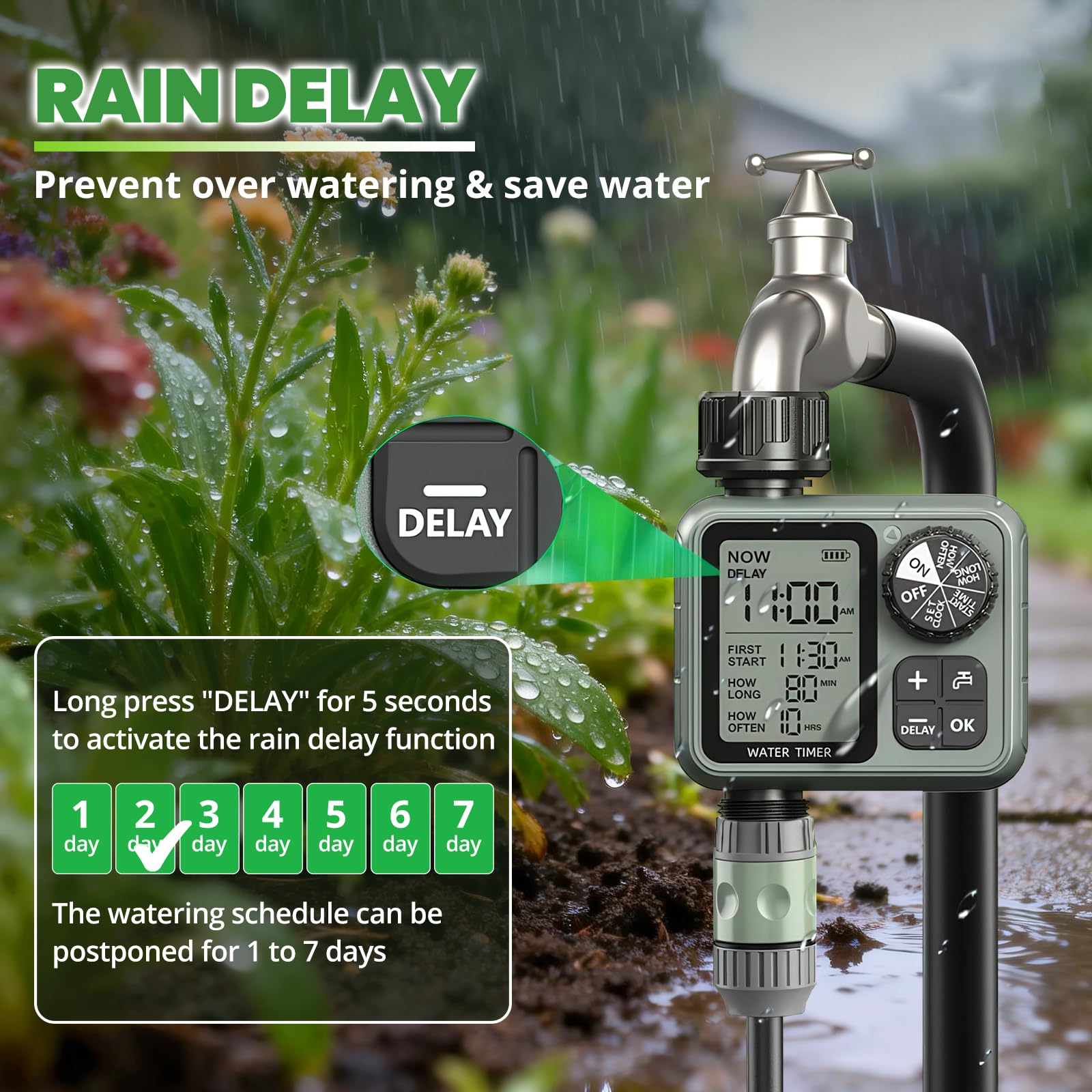 Timer dell'acqua per tubo da giardino esterno con timer per irrigazione a goccia con ritardo della pioggia/modalità manuale, sistema di controllo automatico per irrigazione a goccia per irrigazione da