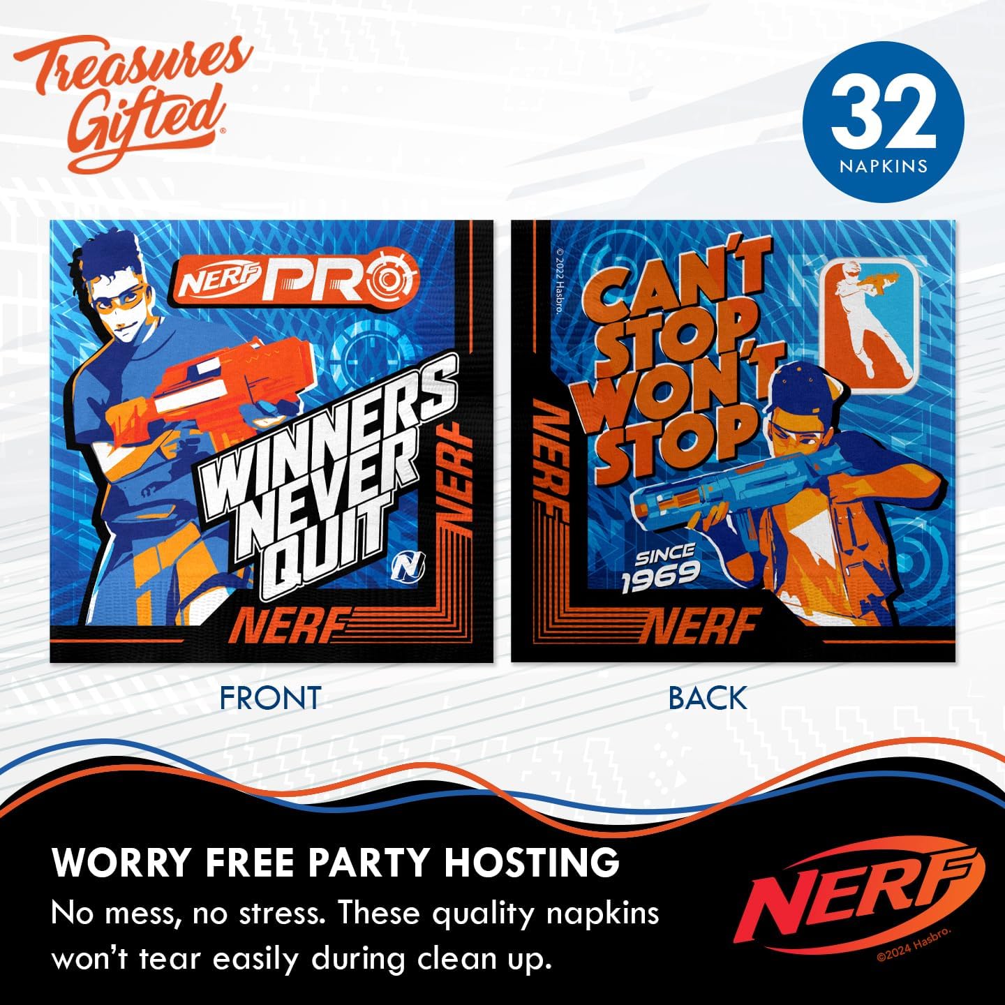 Treasures Gifted Officially Licensed Nerf Birthday Party Supplies Serves 24 - Ultimate Set Nerf Party Supplies - Birthday Decorations - Dinnerware Set, Banner, Backdrop, Cake Topper & More