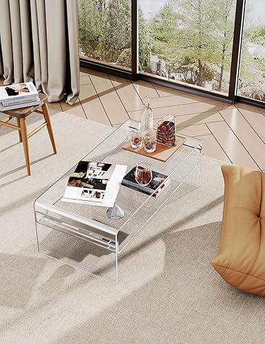 Miniatura 4 de Acrylic Coffee Table for Living Room Clear Rectangle Lucite Table with Open Storage Shelf, Clear Transparente,Marrón