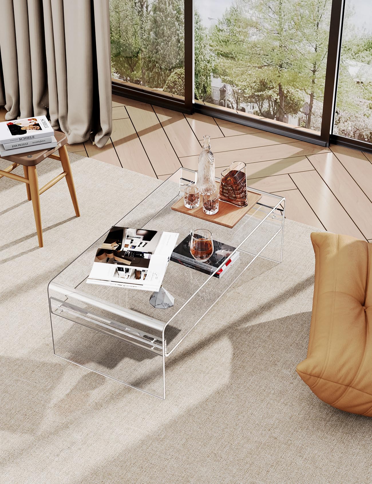 Mesa de centro acrílica para sala de estar, mesa de lucite rectangular transparente con estante de almacenamiento abierto, transparente 3