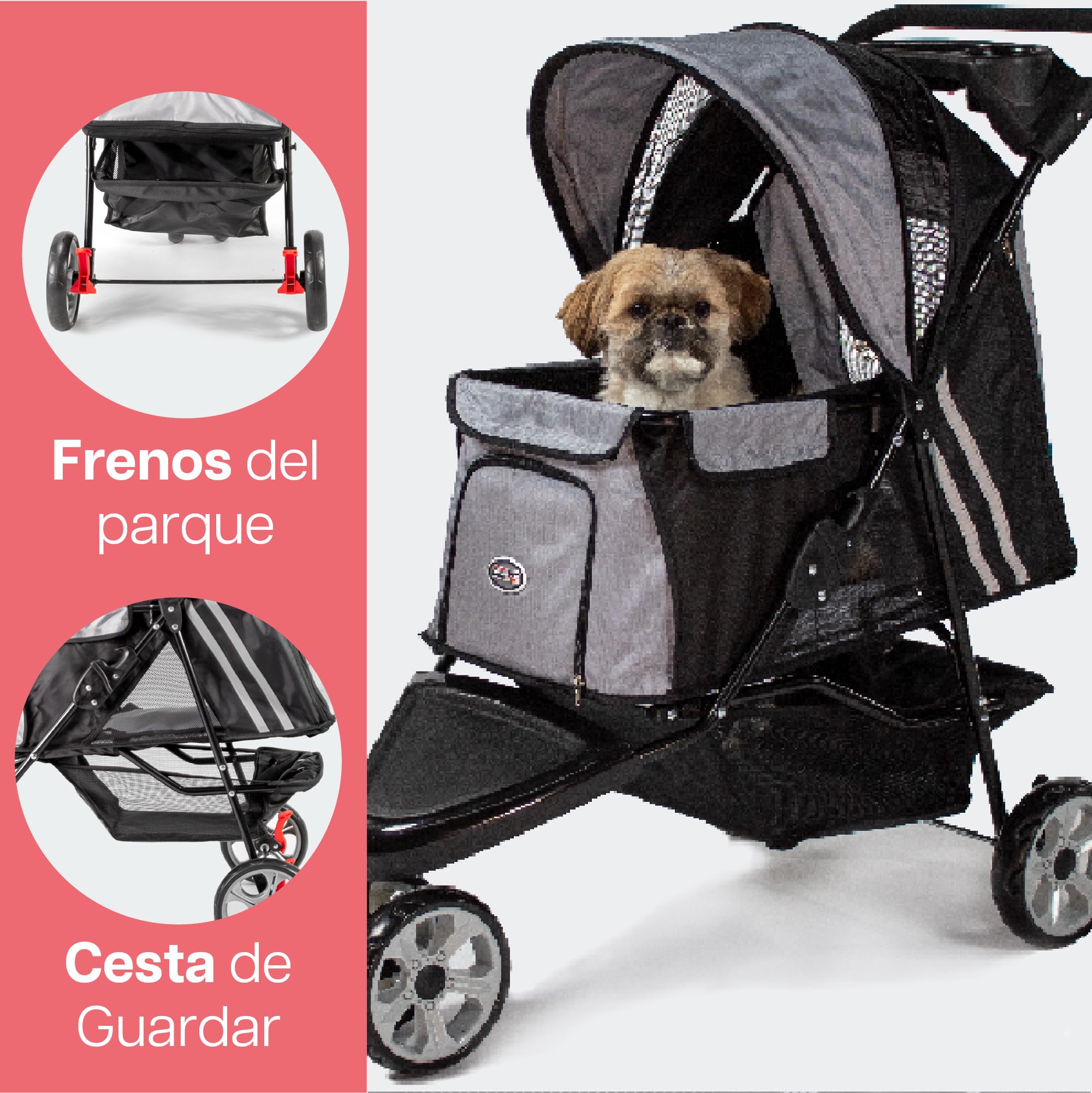 Innopet All Terrain negro/plata - Carrito de 3 ruedas para perros y gatos hasta 12,5kg, con ruedas EVA, plegado fácil y portavasos
