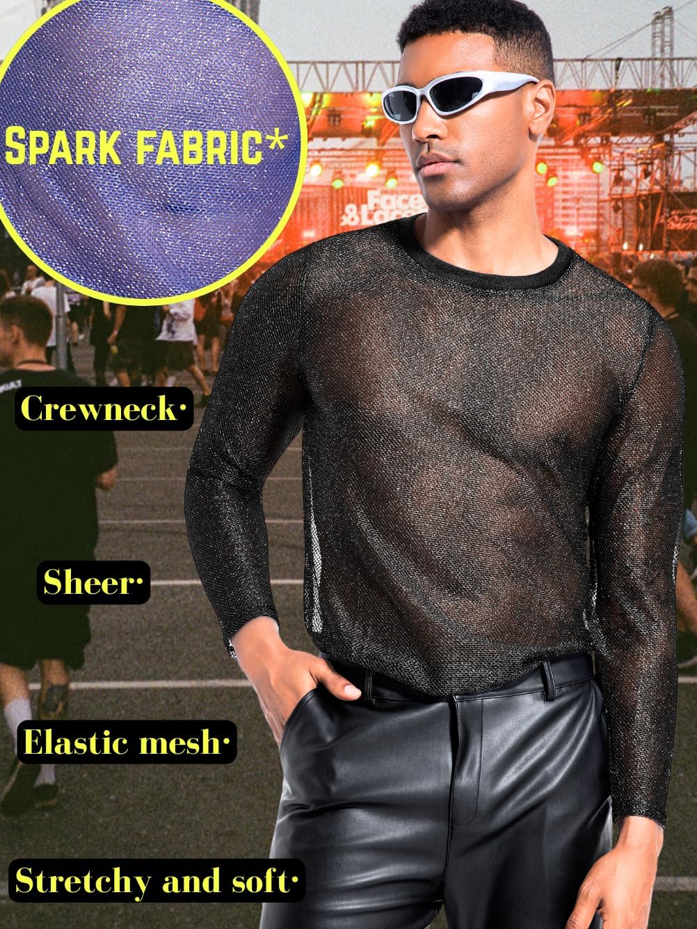 Mens Sexy Silver Glitter Mesh Shirt, Long Sleeve Sheer See Through Fishnet Top, Club Party Rave Outfit Music Festival - Image 4