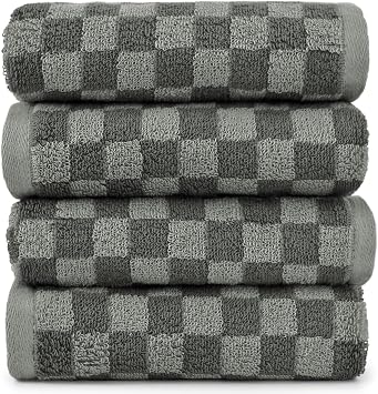 Soft Hand Towels 4 Pack, Grey Checkered Face Towel Set for Bathroom Kitchen | Decorative Quick Dry Towel 13x29 Inches