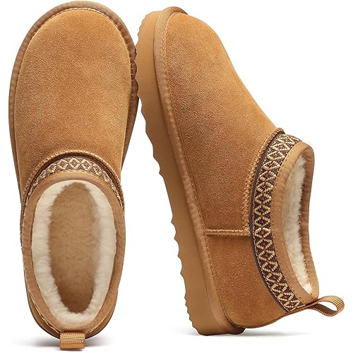 Litfun Genuine Suede Mini Boots for Women Winter Fuzzy Snow Boots Short Ankle Boot with Fur Lined