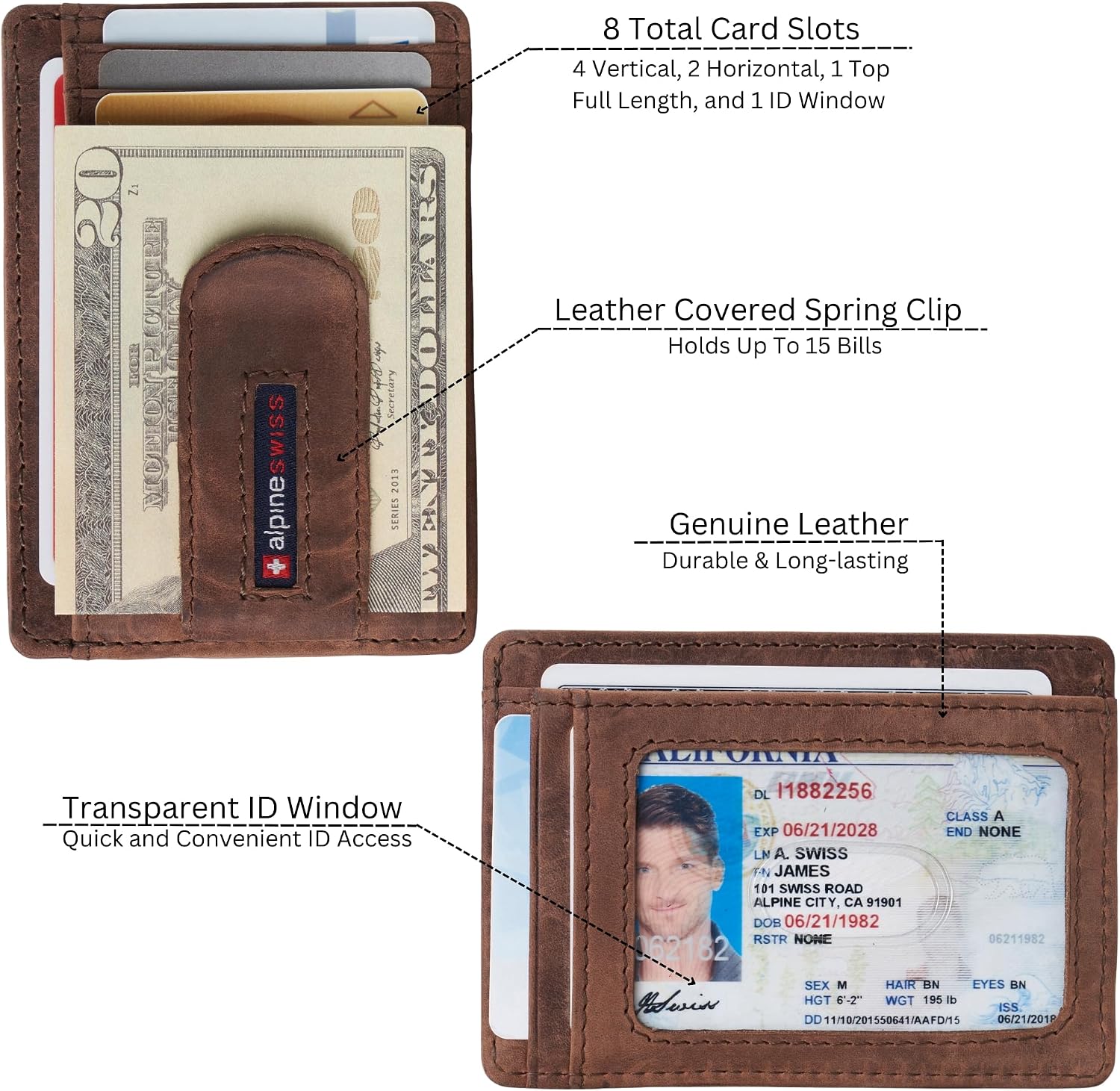 Alpine Swiss RFID Dermot Money Clip Front Pocket Wallet For Men Leather Hampton Collection Nubuck Tan