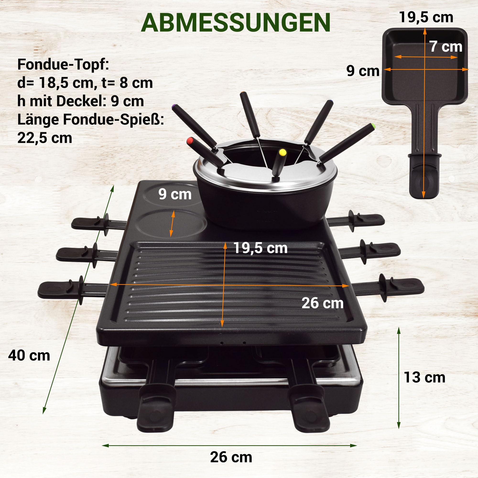 Syntrox Raclette Fondue 2in1 für 8 Personen, 1400 W, antihaft Grillplatte, 8 Pfännchen, 1,4 l Fondue-Topf, Thermostatsteuerung