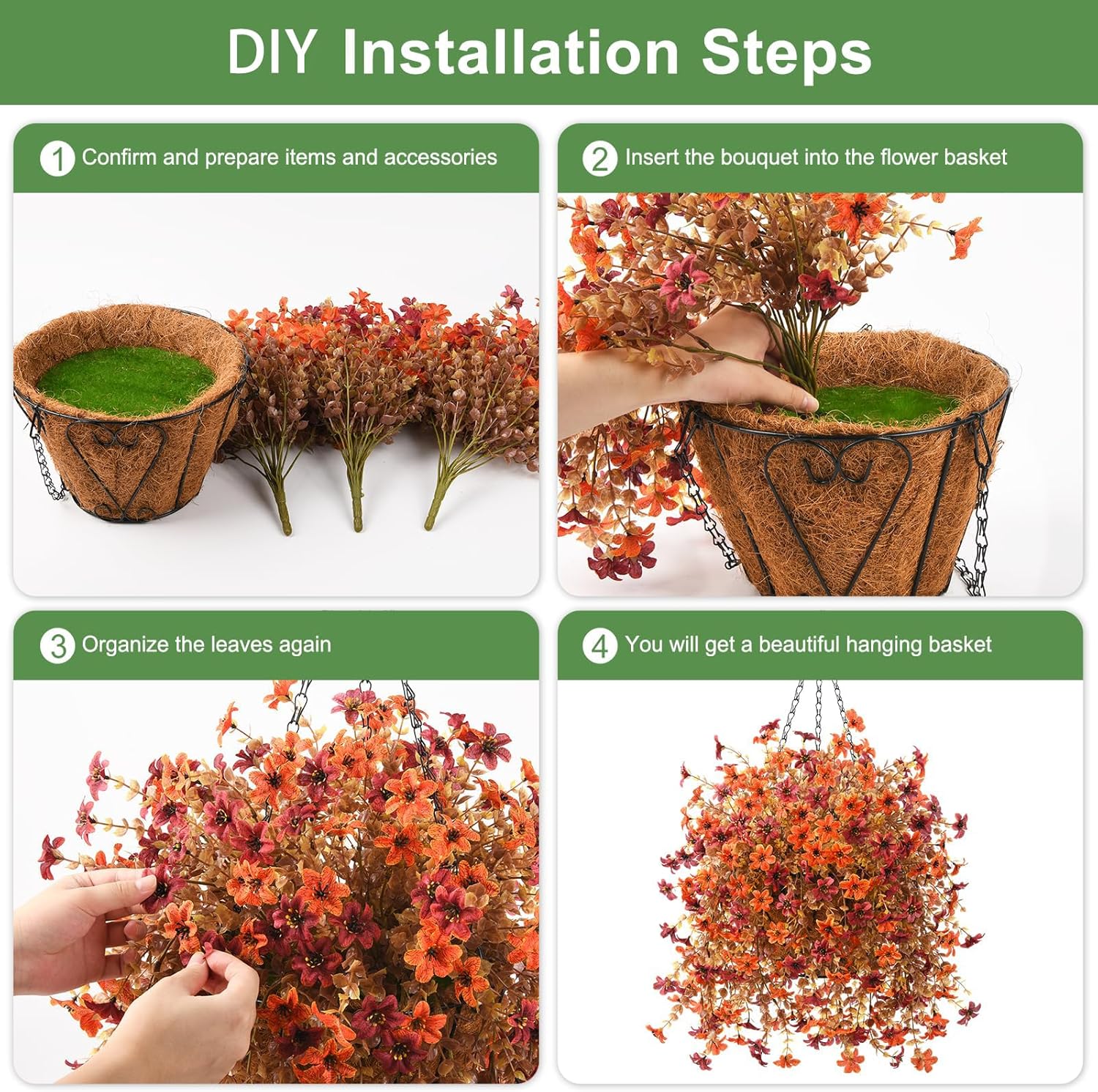 INQCMY Fall Artificial Faux Hanging Flowers Plants Basket for Outdoor Outside Decoration,Fake Silk Daisy in Planter Realistic UV Resistant for Home Porch Balcony Patio Yard Autumn Decor(Orange Brown) - Image 7