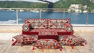 Modern Arabic Majlis Set, Floor Sofa Set, Ethnic Sofa, Arabic Jalsa, Moroccan Sofa, Sectional Sofa with Ottoman, Floor Cushion, Sofa Covers (Sofa + Rug + Ottoman, 4'' Thickness (10 cm))