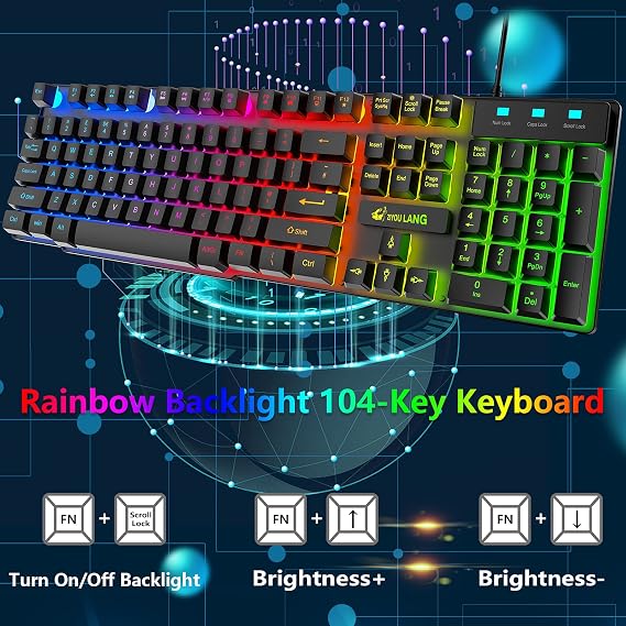 Gaming Keyboard and Mouse Set, 104 Keys UK Layout QWERTY Rainbow Backlit Keyboard, 2400 DPI 4 Buttons Colorful Mice, Comfortable MousePad, USB Wired, Compatible with Windows Mac PC PS4, Black