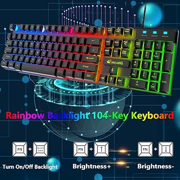 Gaming Keyboard and Mouse Set, 104 Keys UK Layout QWERTY Rainbow Backlit Keyboard, 2400 DPI 4 Buttons Colorful Mice, Comfortable MousePad, USB Wired, Compatible with Windows Mac PC PS4, Black
