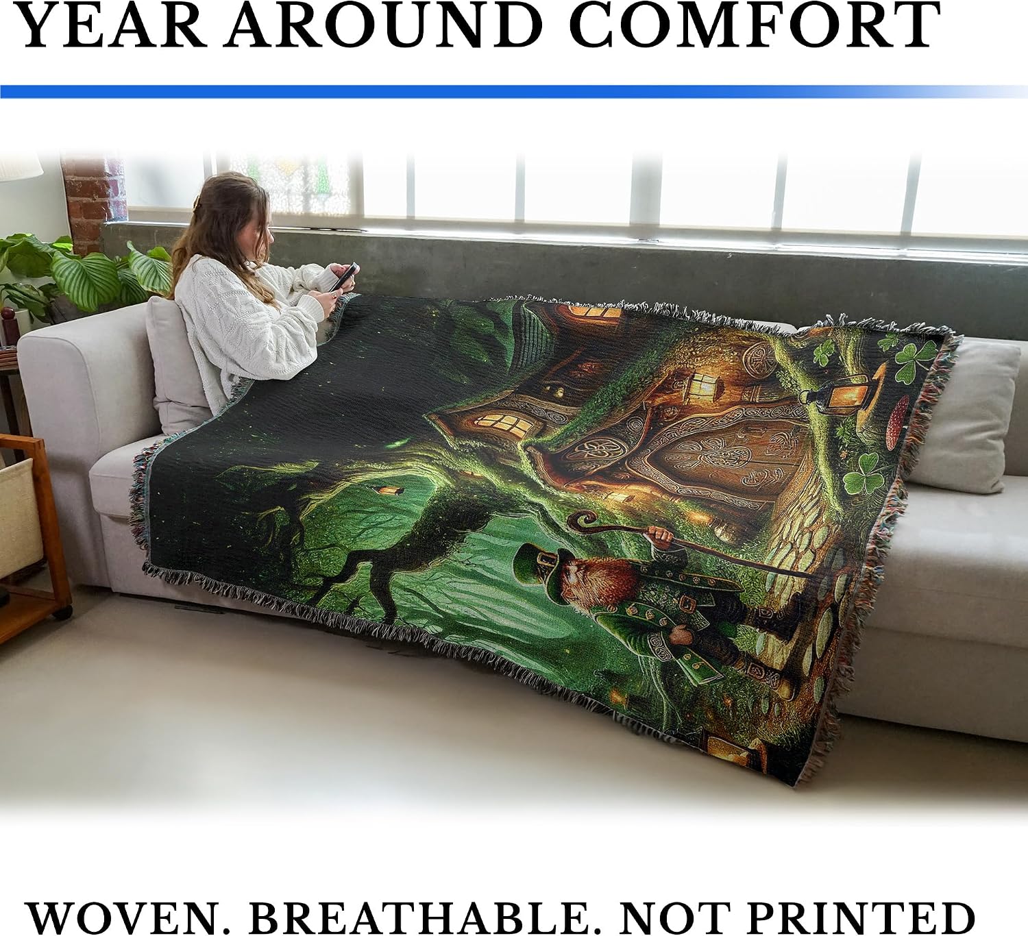 Pure Country Weavers St Patricks Day Leprechauns Home Blanket - Gift Cotton Tapestry Throw - Made in The USA - 72" x 54"