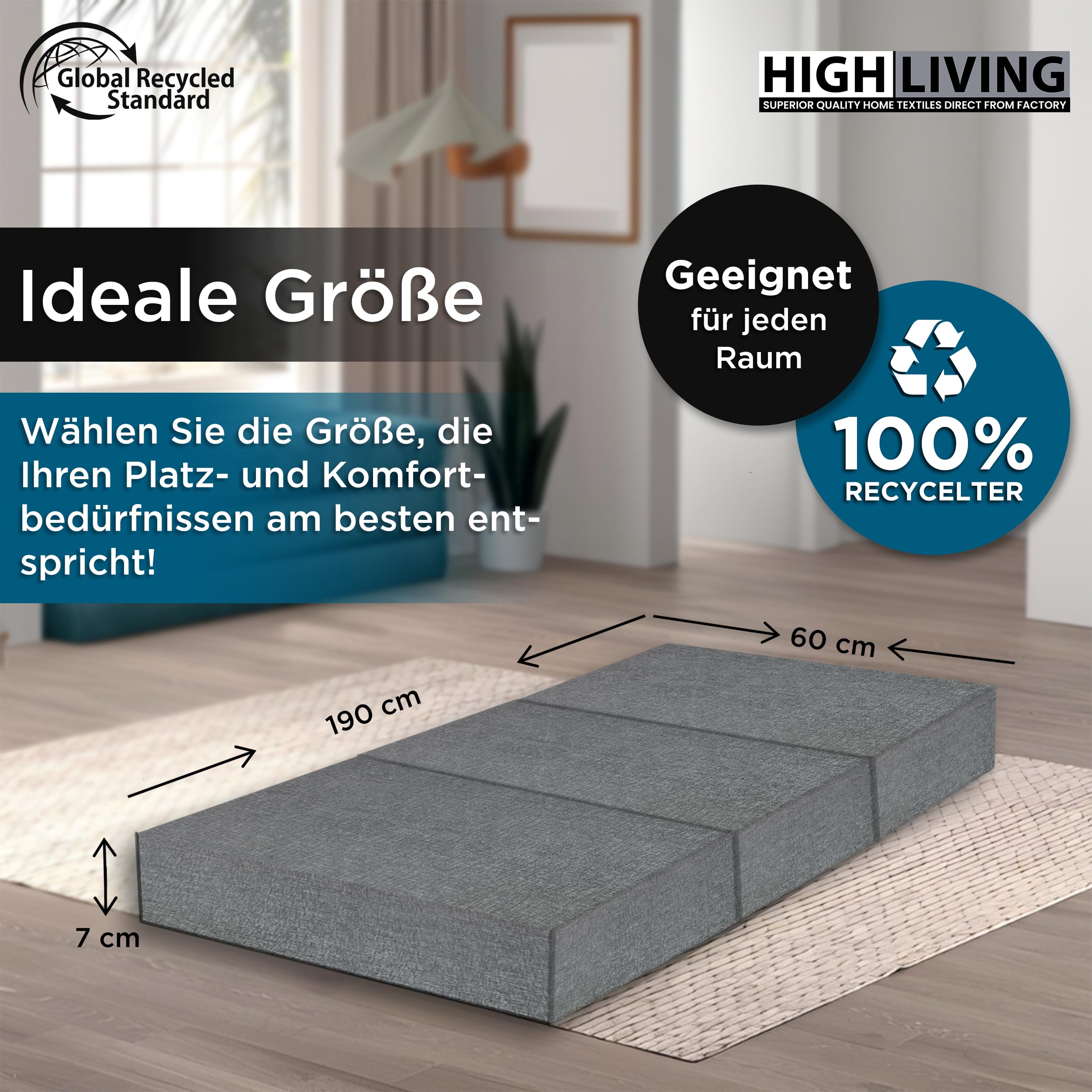 Matelas Pliant HIGH LIVING 190x60x7cm - Mousse Mémoire De Forme - Pour Camping, Invités, Sol - Gris
