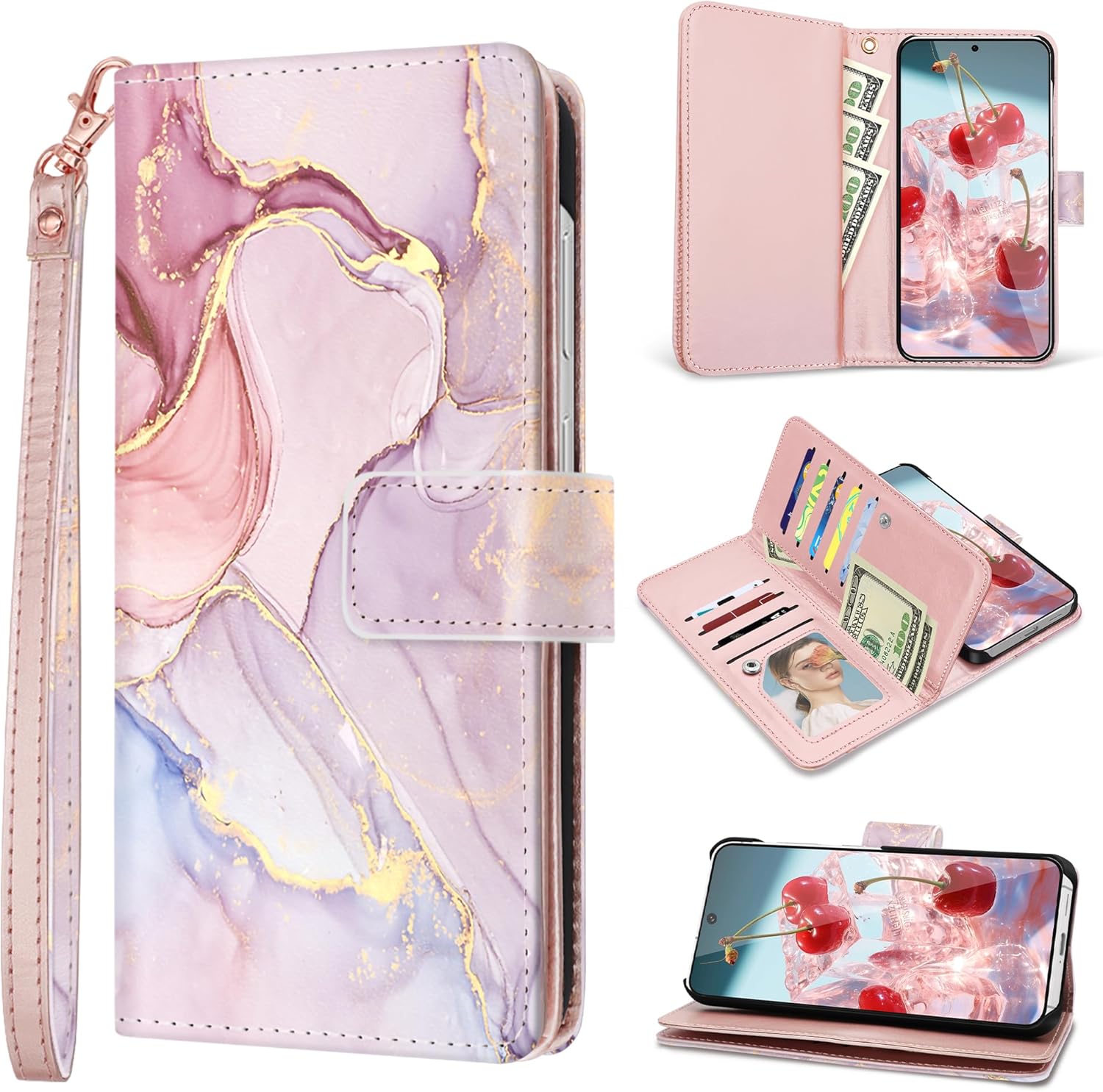 Fingic for Samsung Galaxy S25 Case Wallet for Women Girl[with 9 Card Holder]Marble Rose Gold PU Leather Detachable Wrist Strap Fullbody Slim Shockproof Flip Phone Case for Samsung Galaxy S25,6.2”,2025