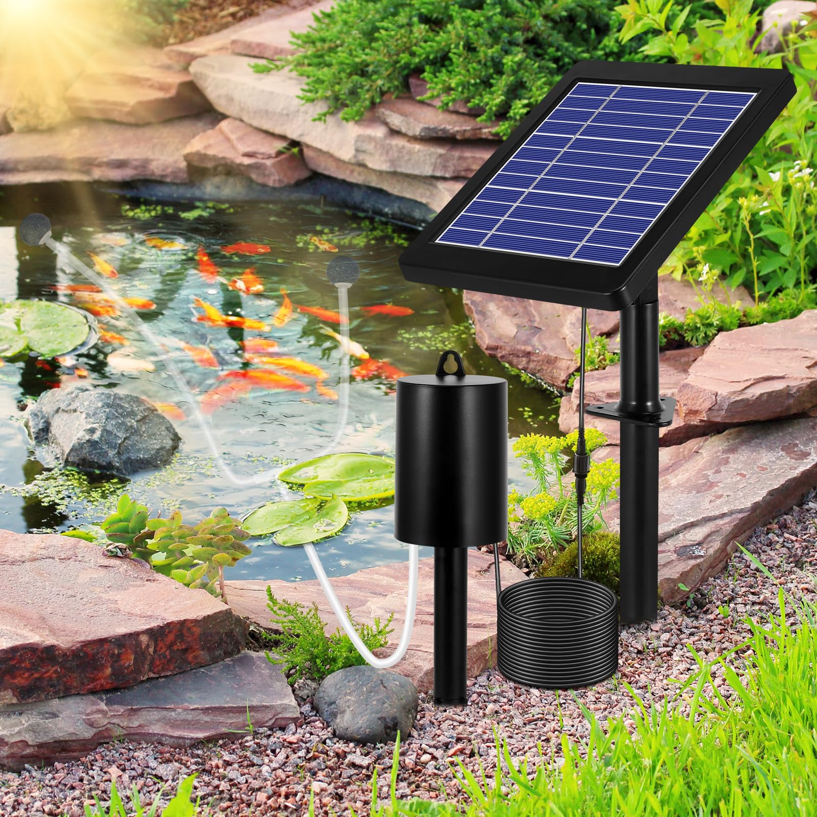 Solar Pond Aerator with 2 Air Bubble Stones, IP64 Waterproof Pond Aerator Air Pump Kit - Image 2