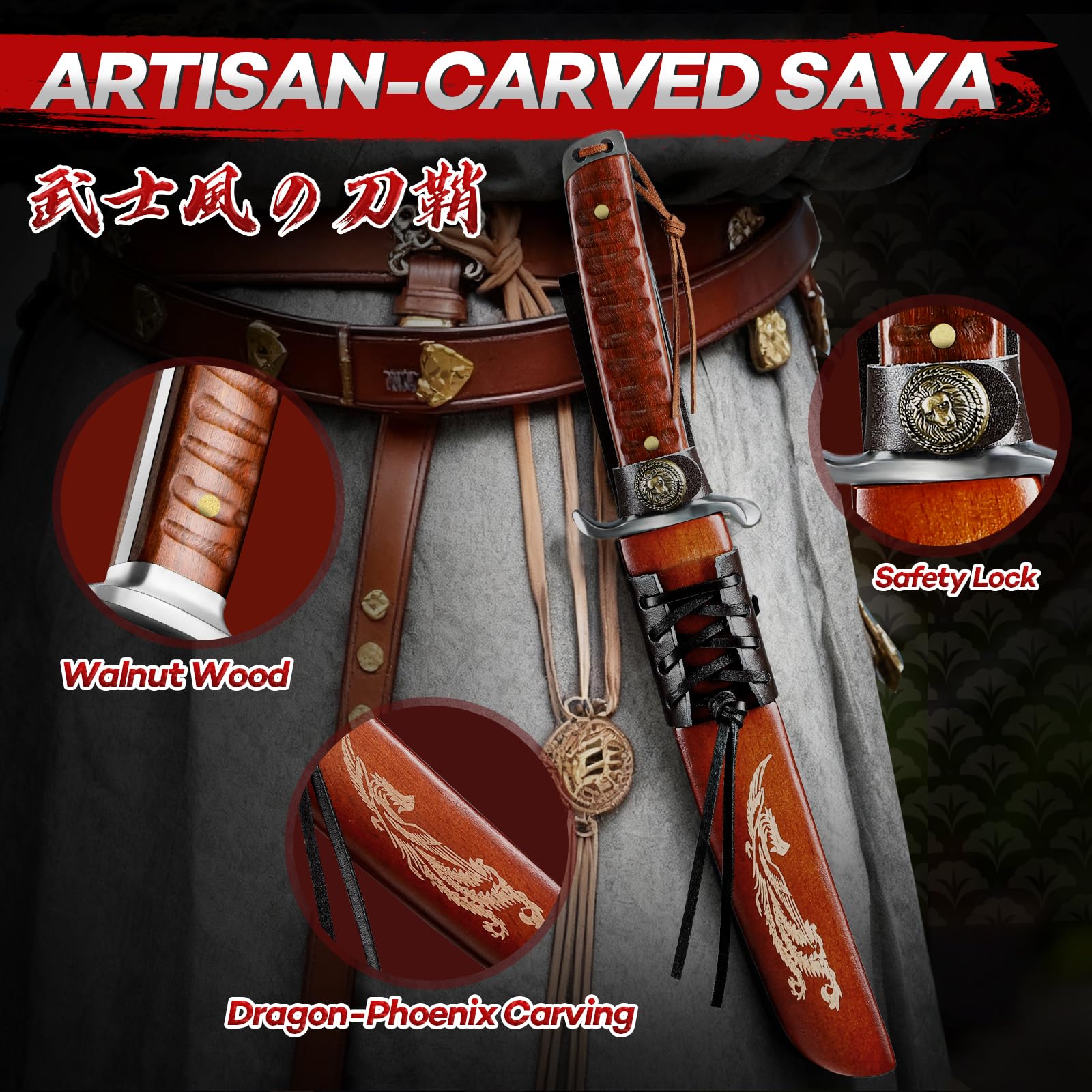 Purple Dragon Outdoor Messer mit Japan 5 mm Dick D2 Stahl Klinge, Tanto Messer mit Dragon-Phoenix Gravierte Holzscheide, Machete Scharf für Camping, Wandern und andere Survivalaktivitäten Geschenk