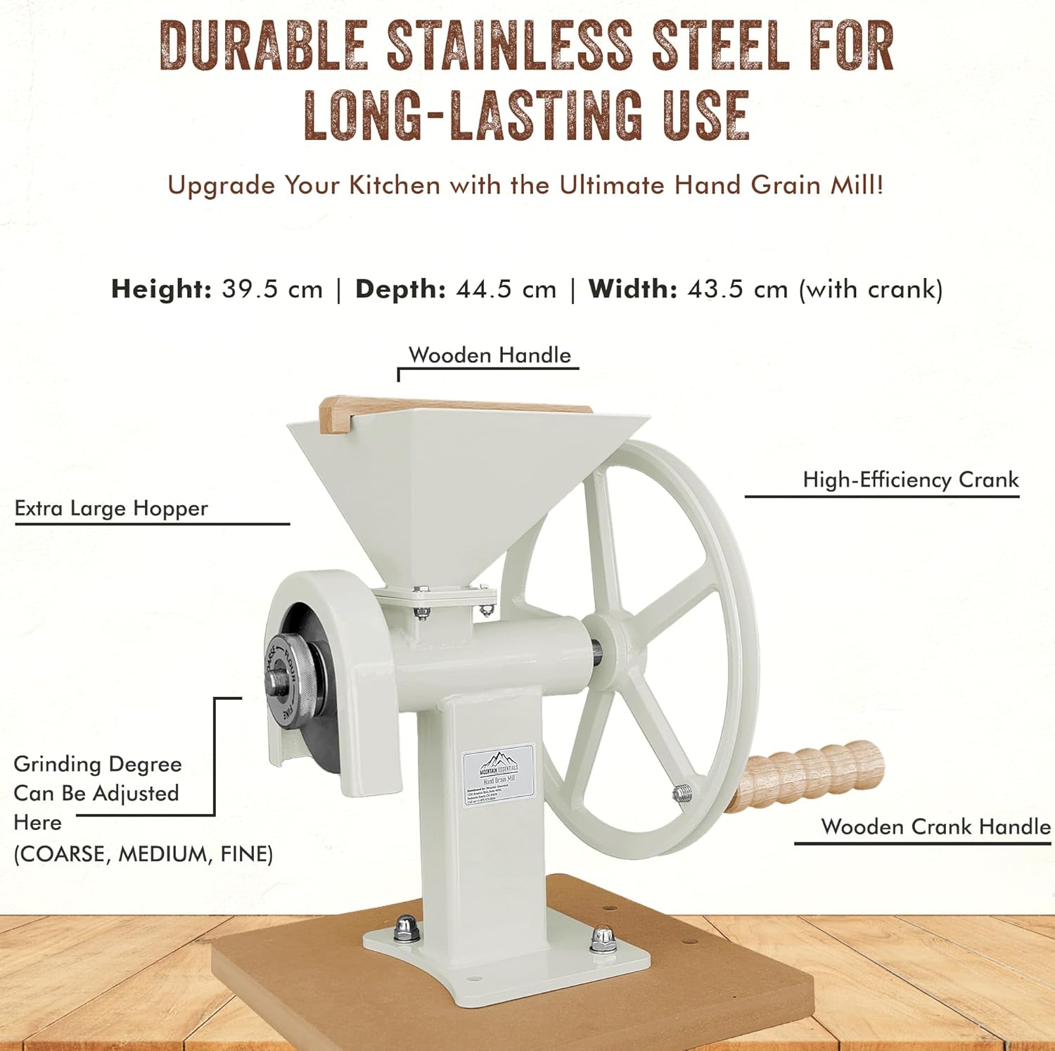 Manual Hand Grain Mill White | Heavy-Duty Hand Operated Food Grinder for Wheat, Corn, Oats, Coffee Beans, Rice & Dry Grains | Hand Crank Kitchen Flour Mill for Home, Camping, Survival & Everyday Use