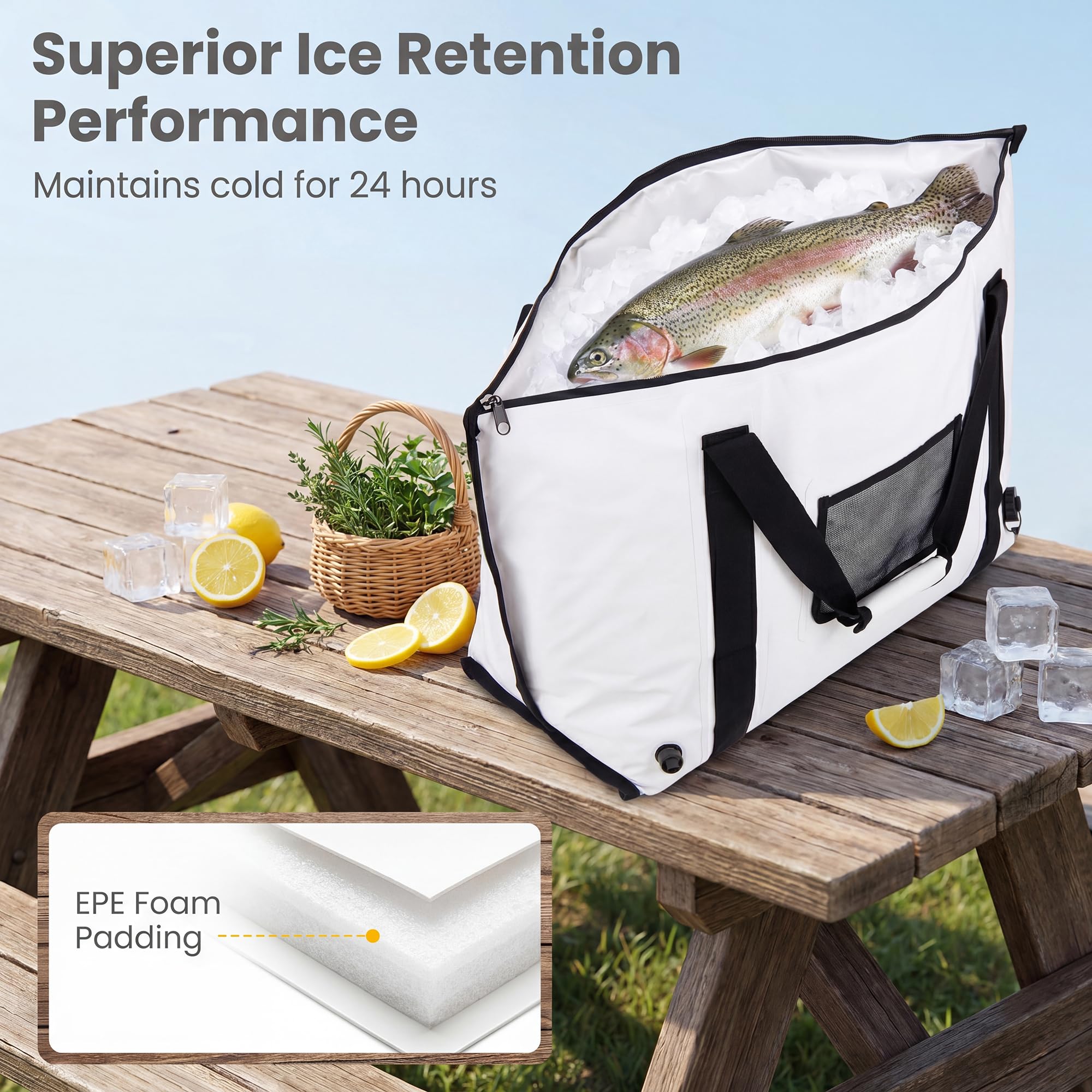 Lifezeal Bolsa Nevera Portátil 60/80L Térmica Impermeable (96 x 50 cm) | Bolsa de Pesca Plegable con Tapón de Drenaje, Aislamiento para Comida y Bebidas, Grande para Camping y Picnic