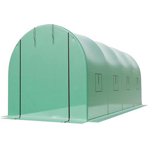 IDEALHOUSE 15x7x7 ft Large Walk-in Outdoor Greenhouse, Hoop House Tunnel Greenhouse with Galvanized Steel Frame, Green PE Mesh Cover, 8 Roll-Up Windows, Ideal for Backyard Gardening, Zipper Door