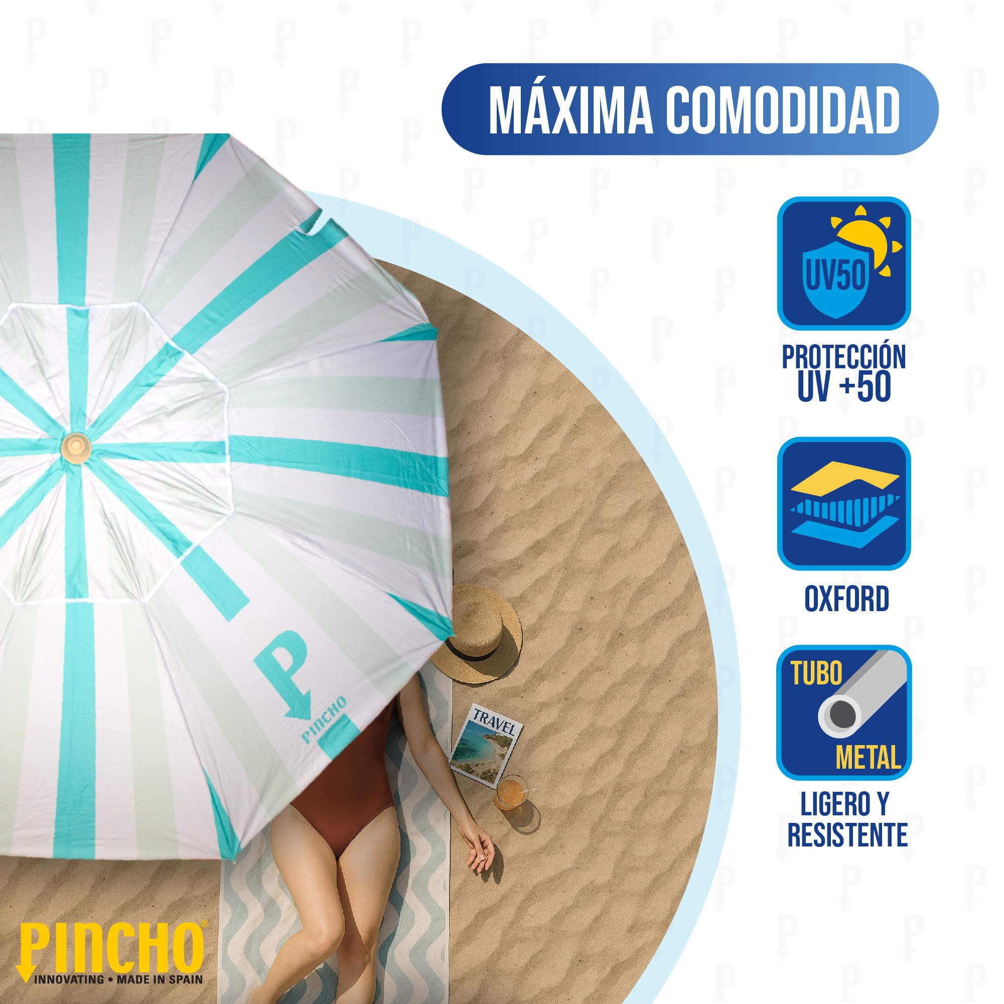 Pincho Sombrilla Playa Grande Familiar 200 cm, Sombrilla Playa Anti Viento UV50 Inclinable con Ventana, Soporte Anclaje y Bolsa Transporte, Tubo Aluminio Oxford, 8 Varillas Flexibles Fibra Vidrio