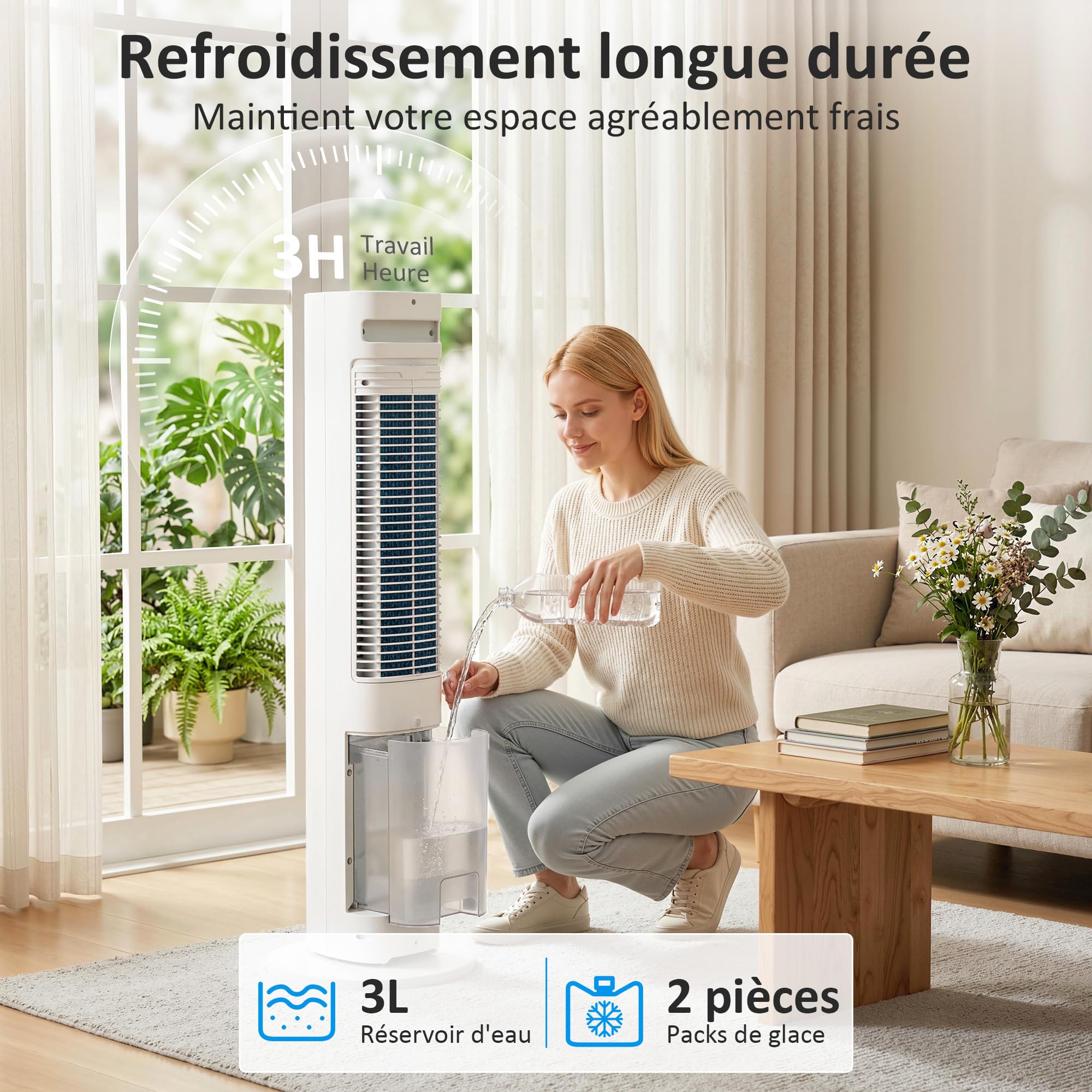 HOMCOM Refroidisseur d'air colonne 3 en 1 refroidisseur humidificateur et ventilateur, oscillation 48°, 3 vitesses 3 modes, réservoir d'eau 3L, blocs de glace, télécommande, pour chambre bureau, blanc