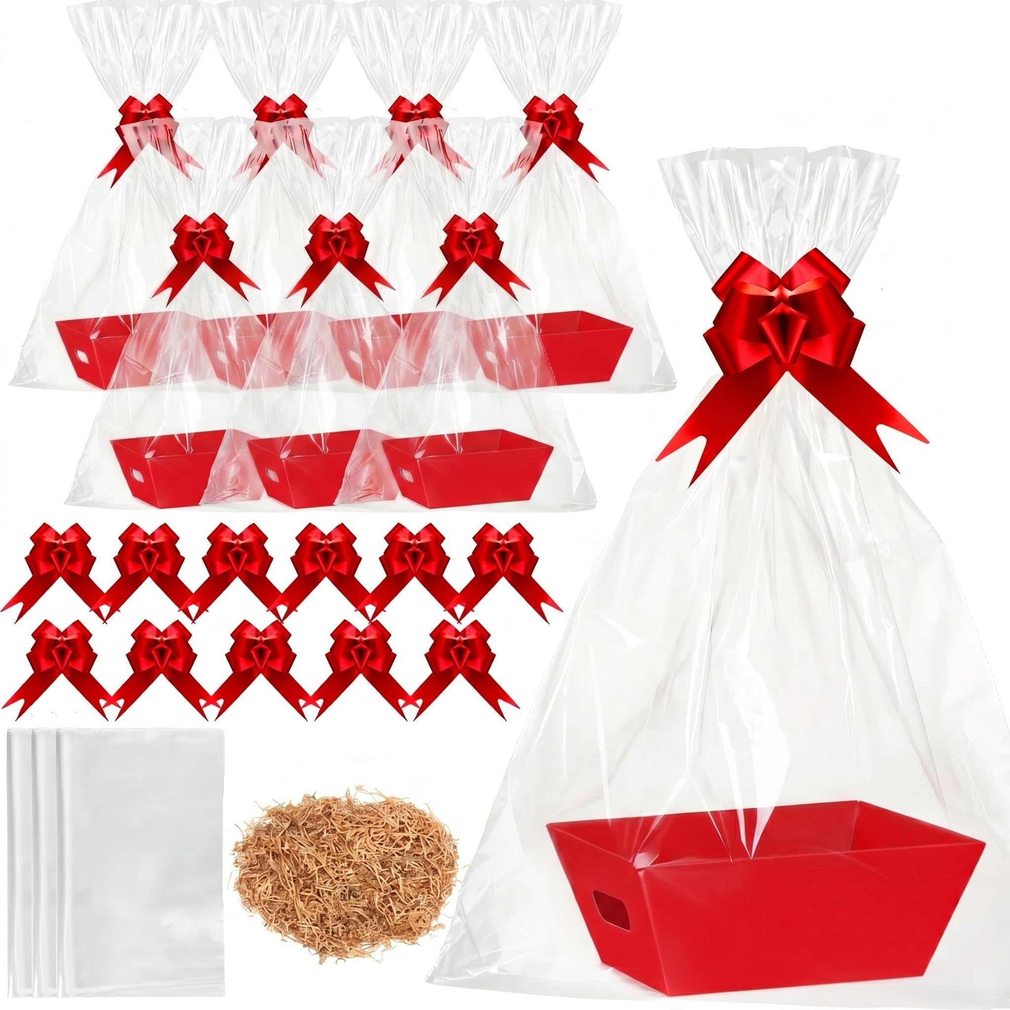 Fulmoon 20 Stück Valentinstagskorb für Geschenke, leerer Kraft-Geschenkkorb-Set mit 20 roten Schleifen, 20 transparenten Geschenktüten und Bast, leerer Geschenkkorb zum Befüllen des Korbs,