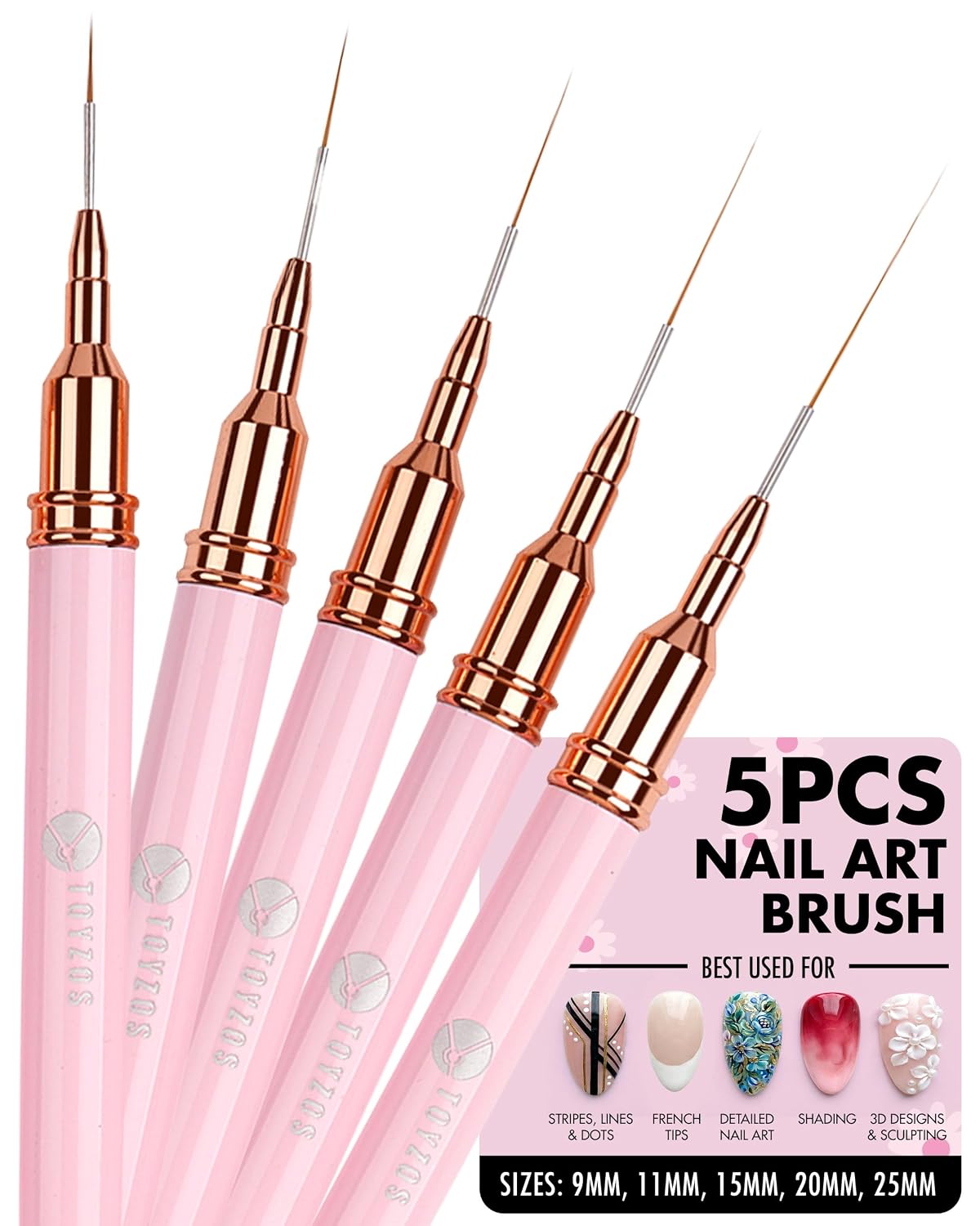 Thin Nail Art Brush Set - Professional Detailing Liner Brushes with Rose Gold Accents for Intricate Nail Art Designs, Pink Handles, Precision Tips & Long-Lasting Bristles (5 Different Sizes)