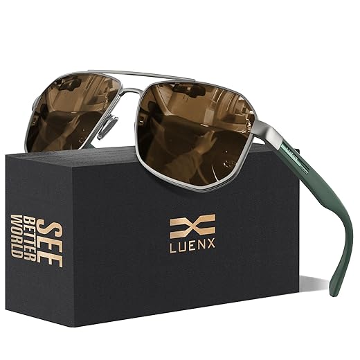 LUENX Óculos de sol aviador masculino com lentes polarizadas quadradas de polígono – Proteção UV 400 com acessórios