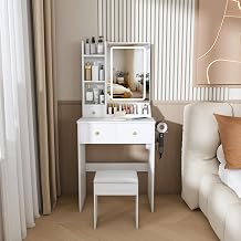 Vanity Desk with LED Lights Mirror, Makeup Vanity Dressing Table with Chair White