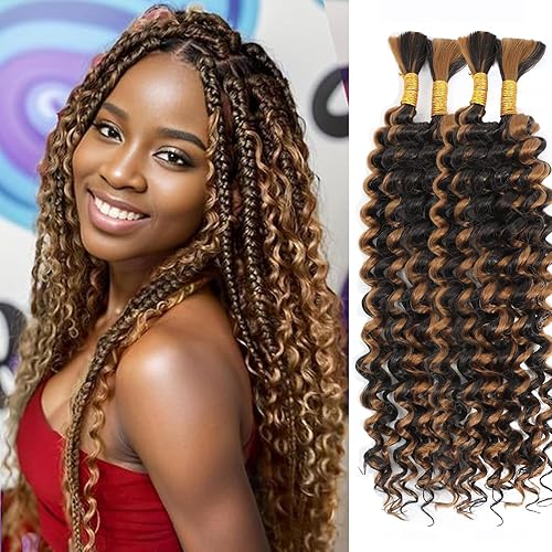 Miniatura 23 de Mezcla de cabello humano trenzado sintético bohemio para trenzar, 24 pulgadas de onda profunda a granel para trenzas bohemias, 2 piezas de cabello