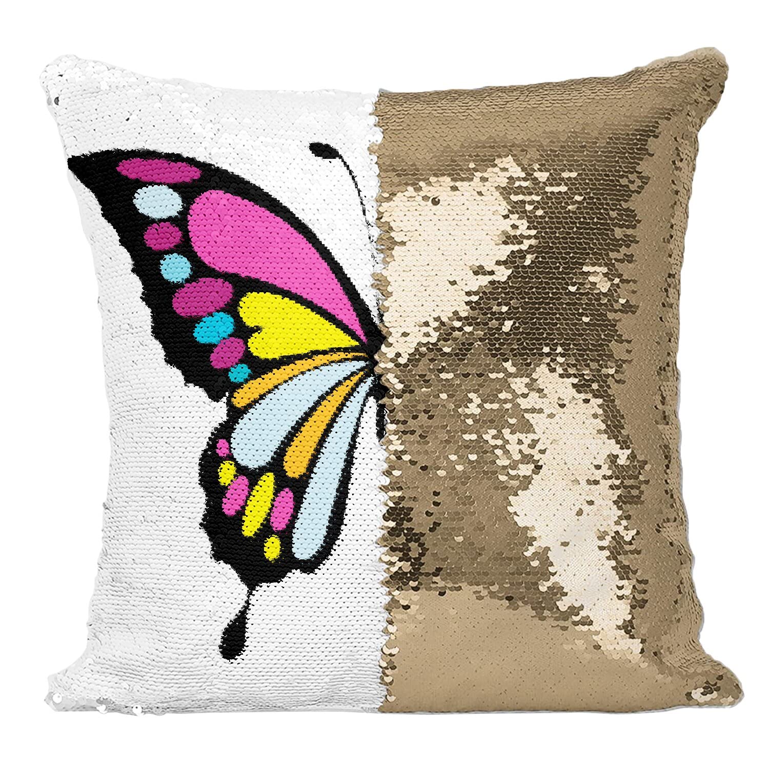 Coussin paillettes doré et papillon multicolore aux finitions soignées