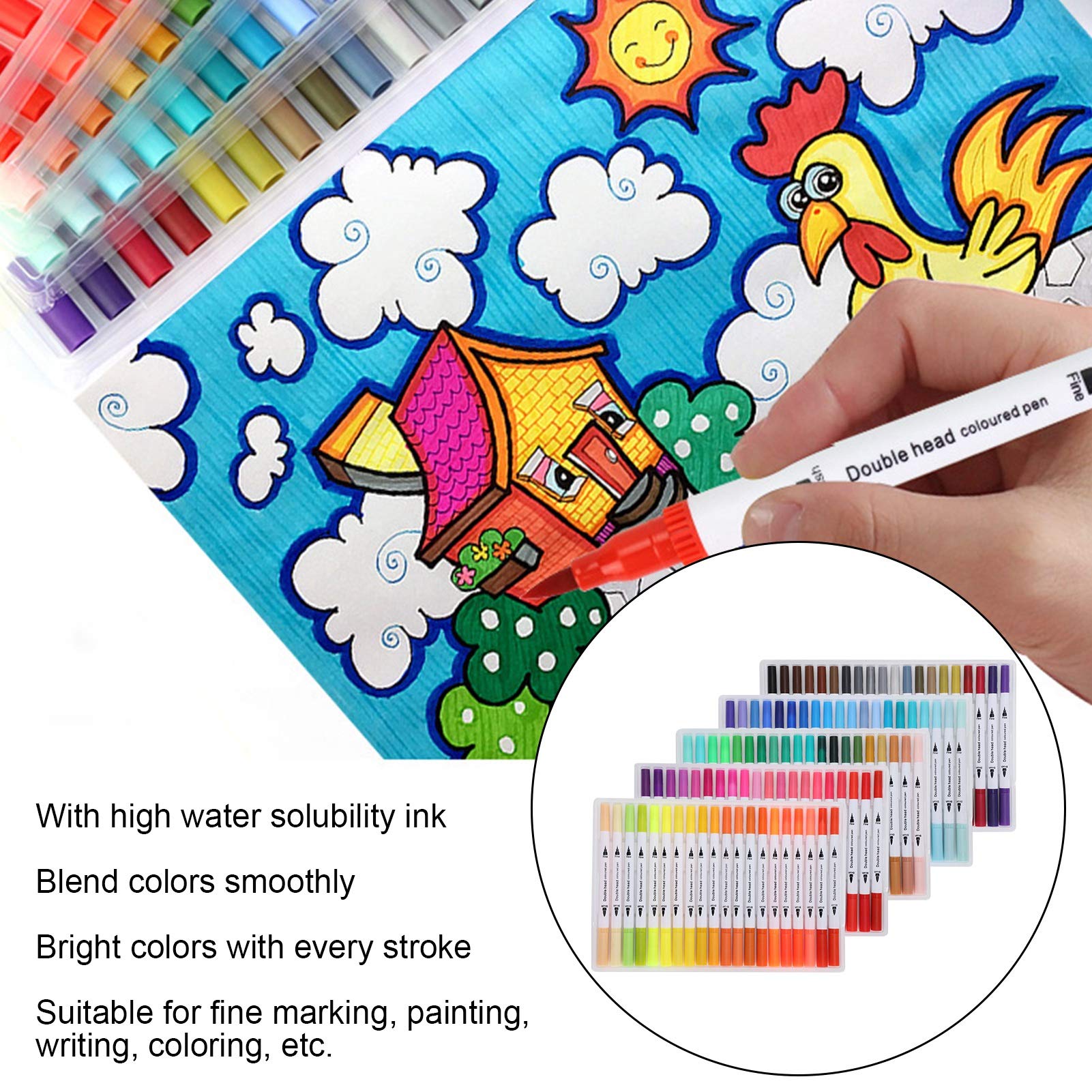 Aquarell-Marker in verschiedenen Farben, weiche feine Liner-Spitze, doppelte Pinselspitze, 60/80/100 Farben – Kunstbedarf für Erwachsene zum Ausmalen von Malbüchern und für (STBG-100°)