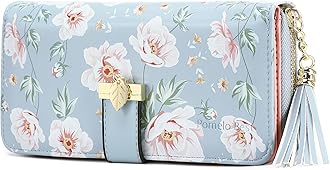 Pomelo Best Womens Wallet RFID Blocking Large Capacity Long Purse with 12 Card Slots, Zipper Phone Coin Pocket (Peony - Blue)