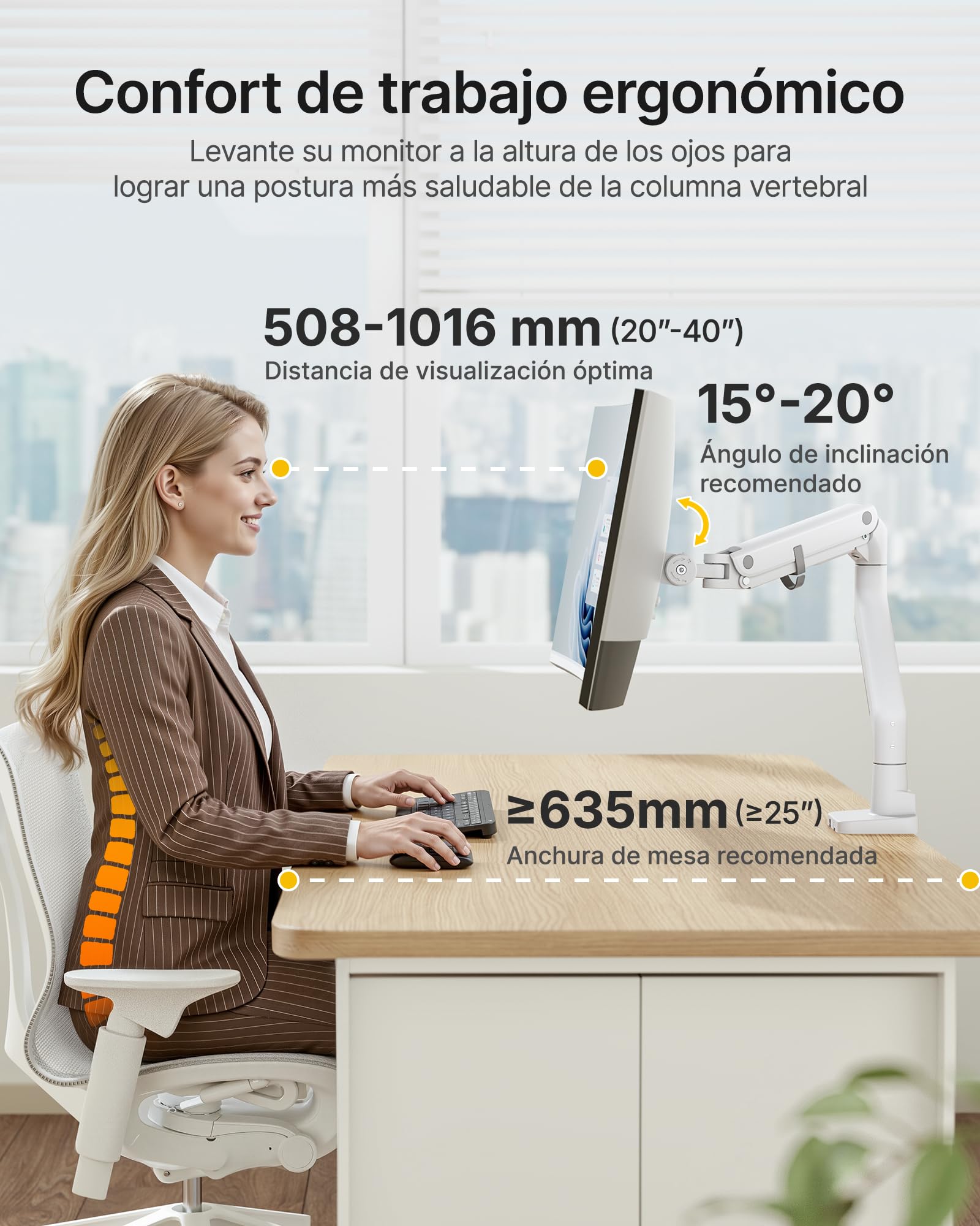monTEK Soporte Monitor Reforzado para 17-57", hasta 27 kg | Brazo con resorte de gas, altura ajustable y movimiento completo para monitores ultrapanorámicos, VESA 75x75/100x100, blanco.