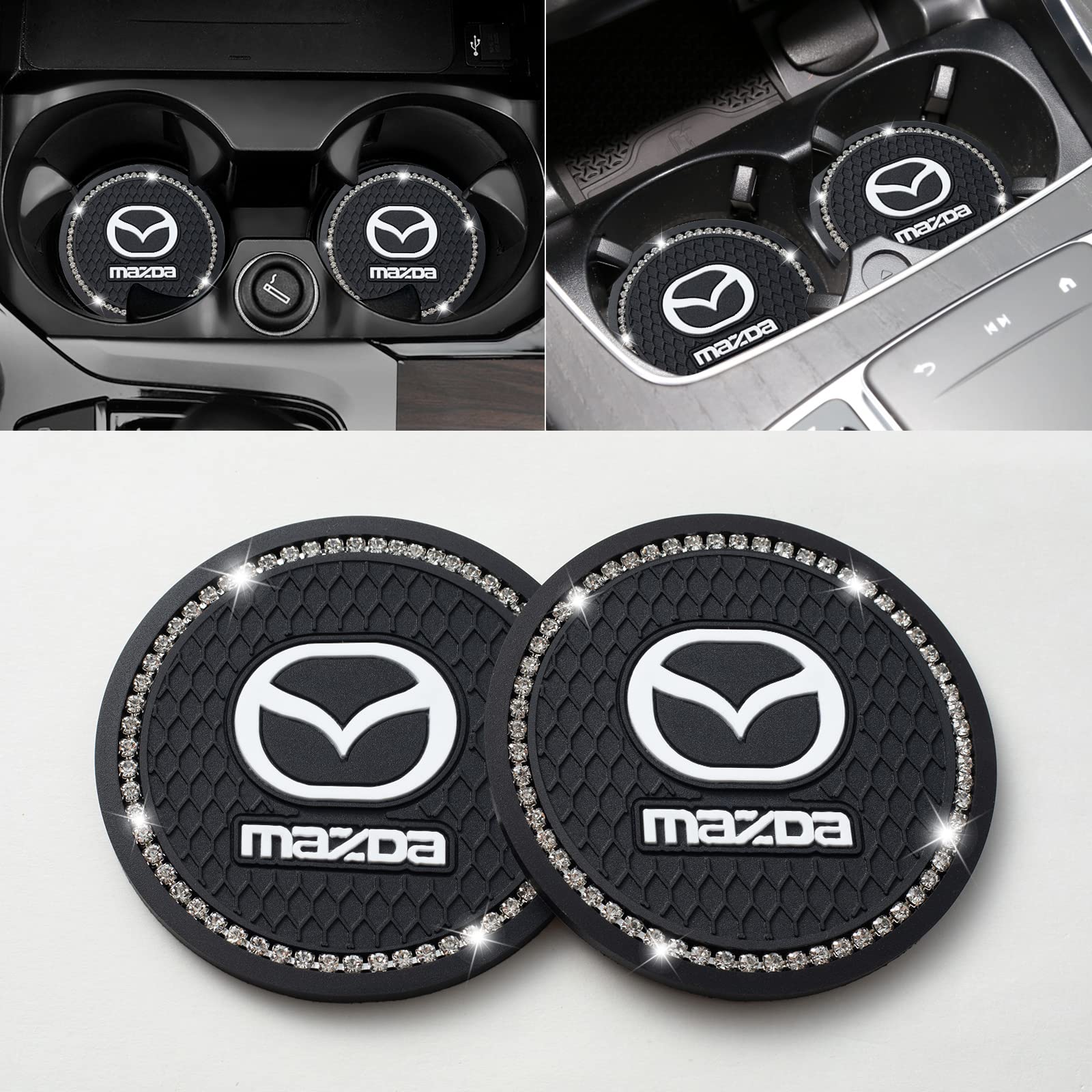 DICEVER Stand Insert Silicone Anti-Slip Coaster Shiny Crystal Rhinestone Interior Accessories - 2 Pieces Compatible with Mazda MX-5 CX-3 CX-5 CX-7 CX-9 Car Cup Holder 2.75 Inch Black