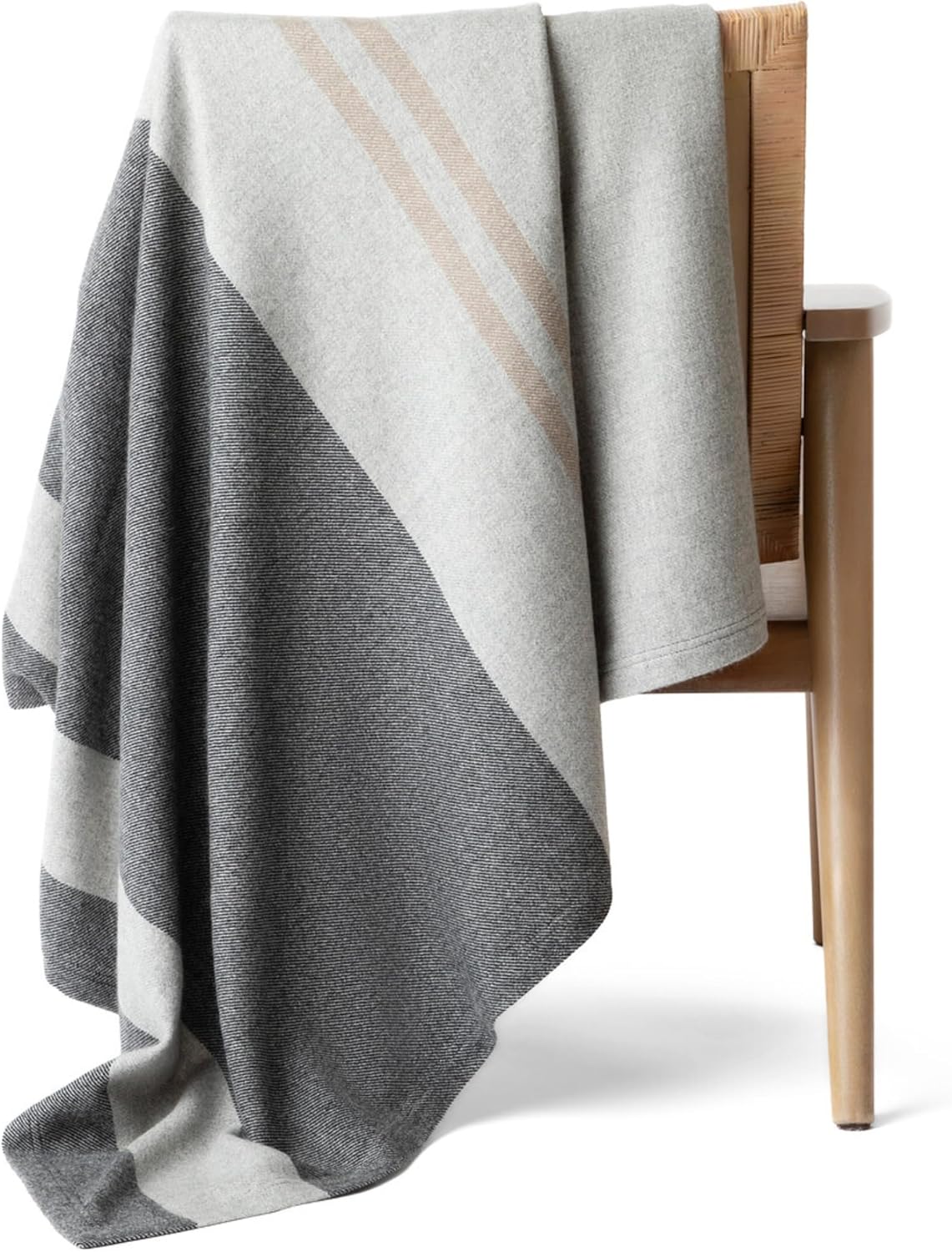 Jet&Bo 100% Pure Cashmere Throw Blanket for Couch, Sofa, & Bed, Ultra Soft Woven Cashmere Blanket Throw, Large Full Size 73”x53”, Gray & Beige Stripe Pattern