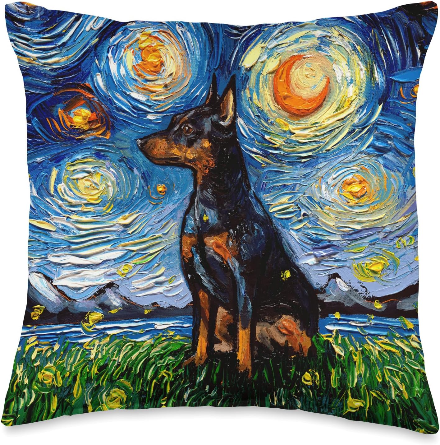Miniature Pinscher Starry Night Dog Min Pin Art by Aja Throw Pillow