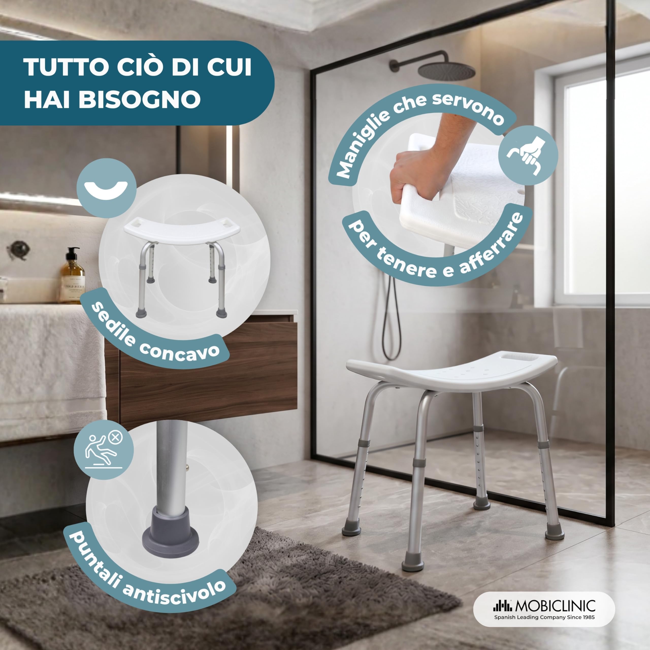 Mobiclinic®, Sgabello da Bagno, Piedini Antiscivolo, 7 Altezze Regolabili, Sedile a Forma di U, Fori di Drenaggio, Portata Massima 100 kg, Leggero, Facile da Montare, Alluminio, San Fermín