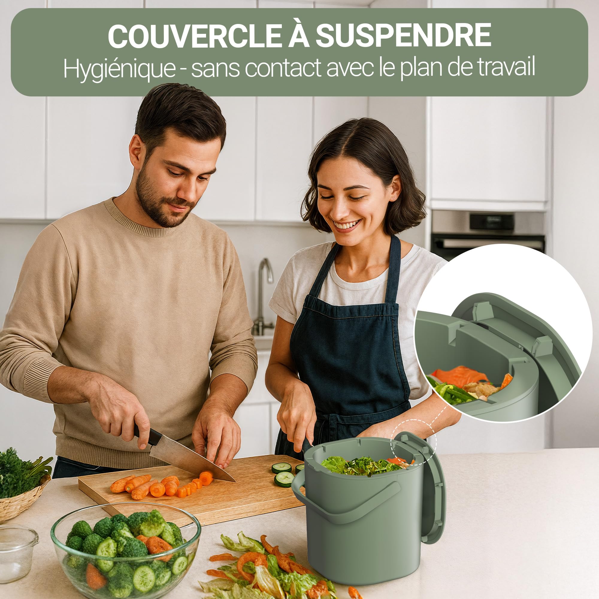 Poubelle Compost Cuisine 6L avec Couvercle et Grille - Lavable Lave-Vaisselle Anti-Odeur