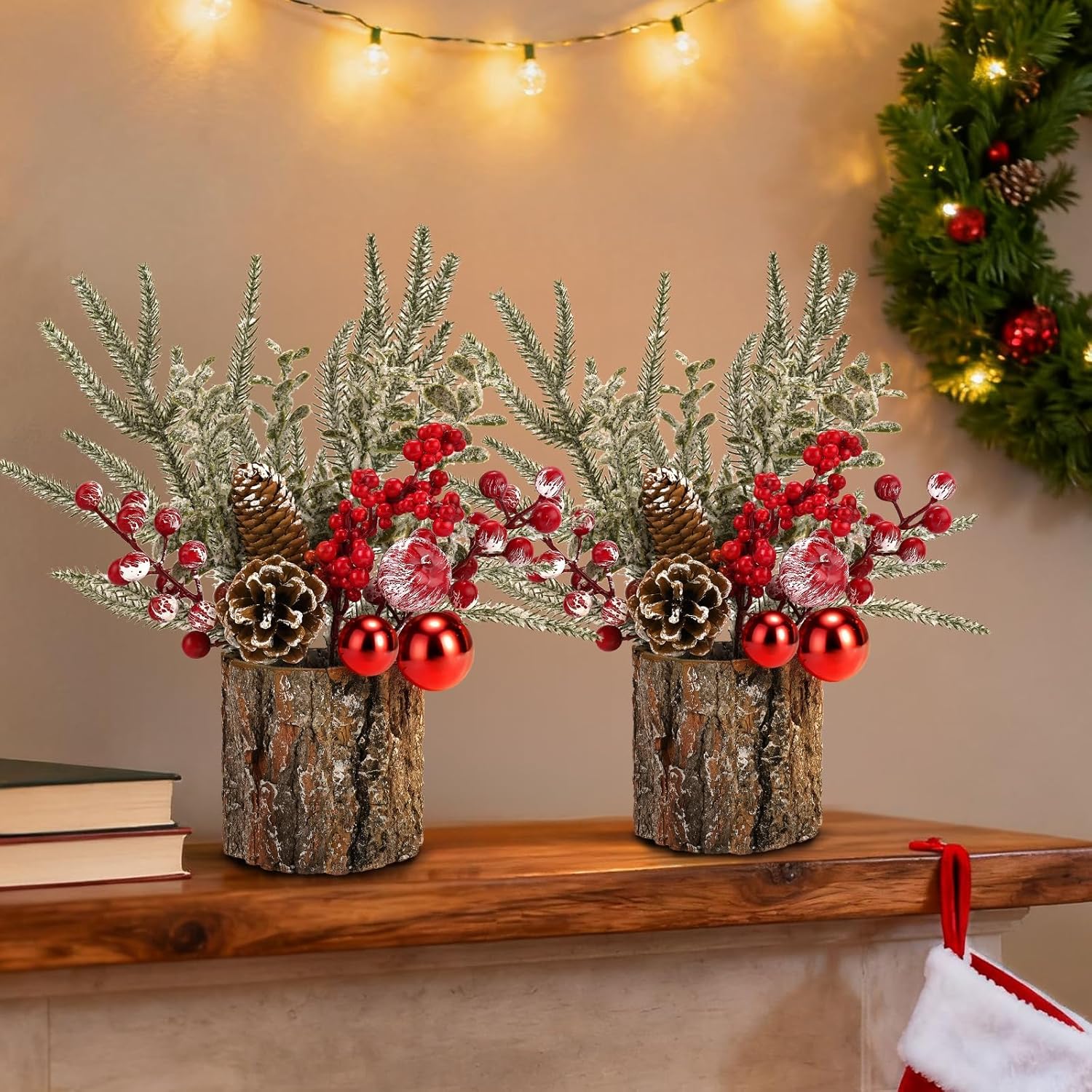 Small Christmas Table Centerpiece with Pinecones & Red Berries, Rustic Farmhouse Christmas Centerpieces for Coffee Bar, Mantel, Kitchen Island, Window Sill & Entryway Table Holiday Decor (2pcs