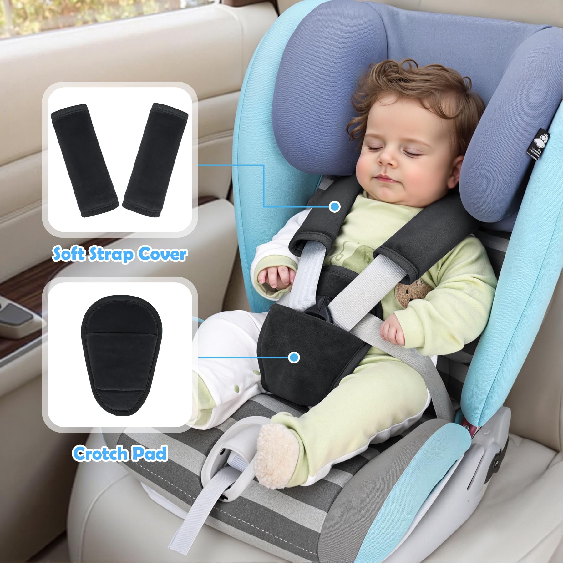 AZAMIA 3 Pcs Car Seat Stroller Straps Pads for Baby, Newborn Soft Shoulder Strap and Crotch Covers, Universal Shoulder Straps Pads for Car Seat, Pushchair, High Chair (Black) - 3