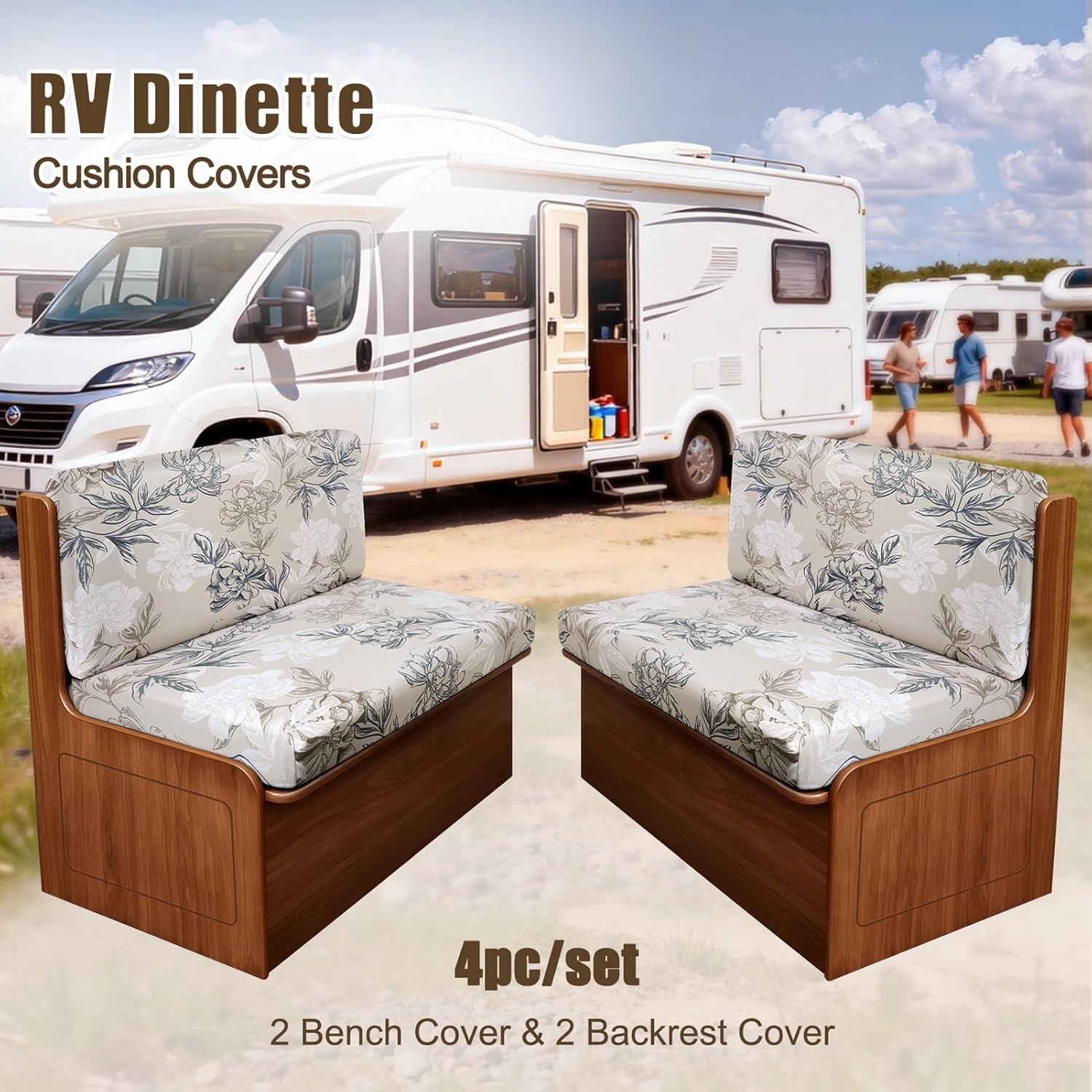 SearchI RV Dinette Cushion Covers, Stretch Camper Cushion Slipcovers for Travel Trailer Couch RV Booth Seat, Replacement Camper Sofa Chair Protector (2 Backrest Cover & 2 Bench Cover, Flower Shadow)