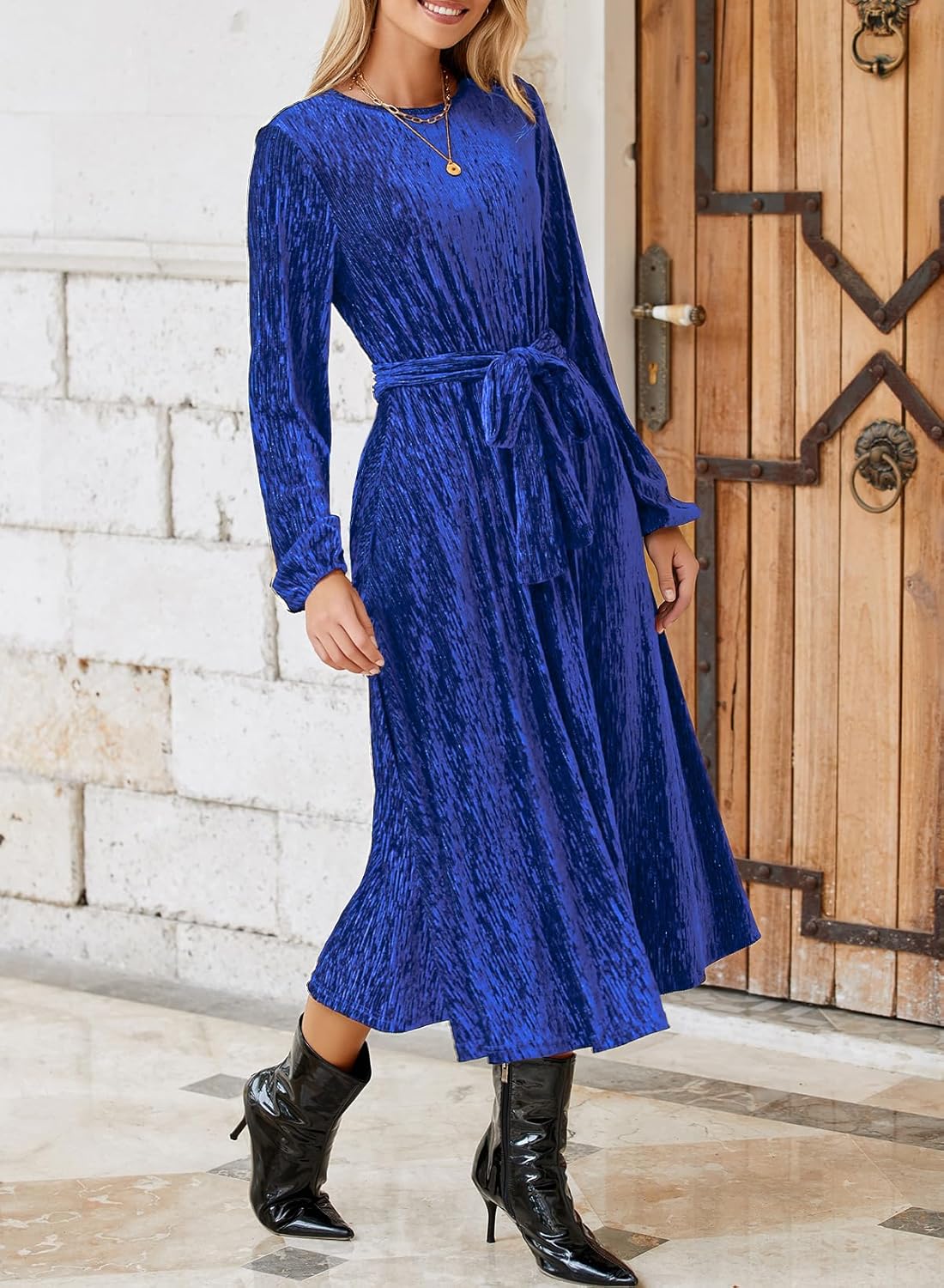 Happy Sailed Women's Velvet Dress Fashion Fall Winter Long Sleeve High Waist A-Line Semi Formal Wedding Guest Dresses - Image 4