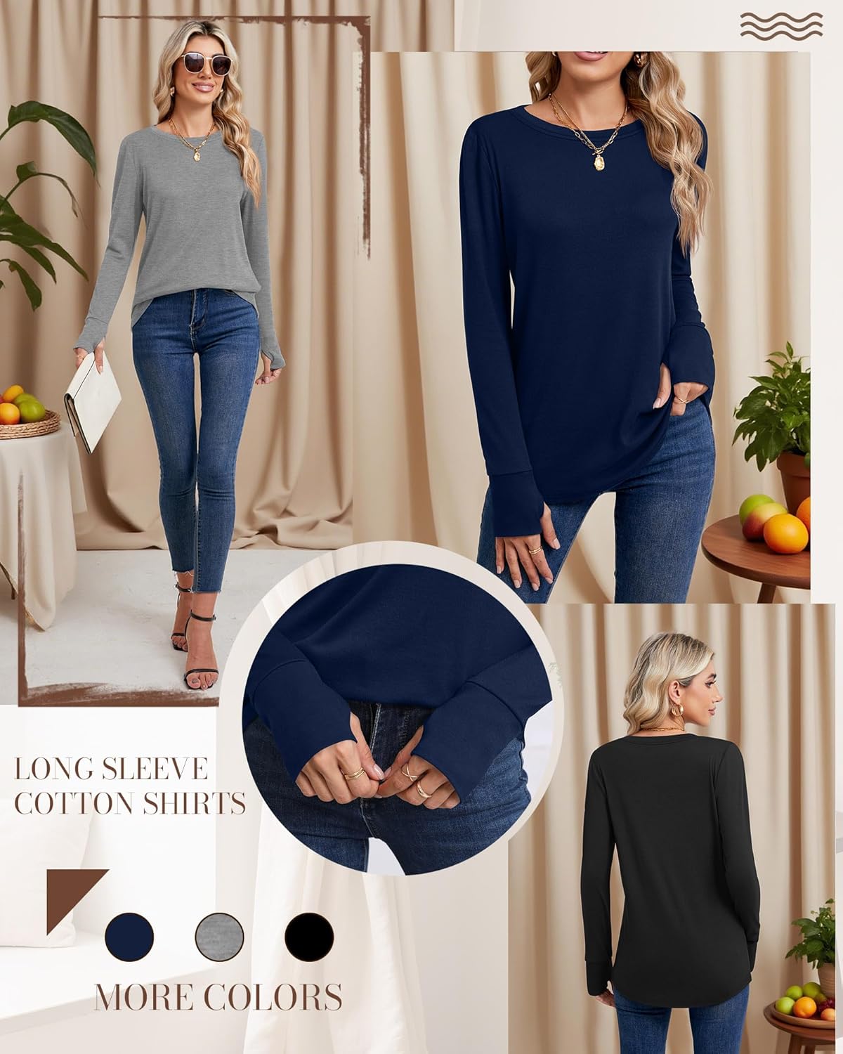 Huukeay 3 Pack Women's Long Sleeve Shirts with Thumb Holes, Cotton Casual Crew Neck Tunic Tops Fall Loose Y2k Trendy Outfits - Image 6