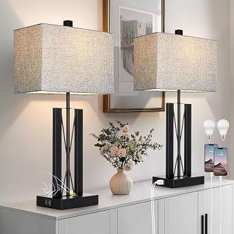 Lolikit 25 Table Lamps Set of 2, Modern Table Lamp for Living Room with 2 USB Charging Ports, Nightstand Geometric Industrial Bedside Lamp with Gray Shade for Bedrooms End Table Decor, Bulbs Included
