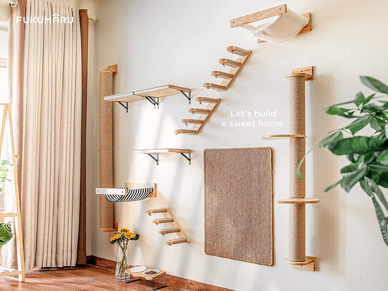 FUKUMARU Kletterwand Katzen, Großes Katzenregal zur Wandmontage, aus massivem Gummibaumholz, Katzenhängematte Wand zum Schlafen, Spielen, Tragkraft bis 18 kg, Weißes Flanellmaterial