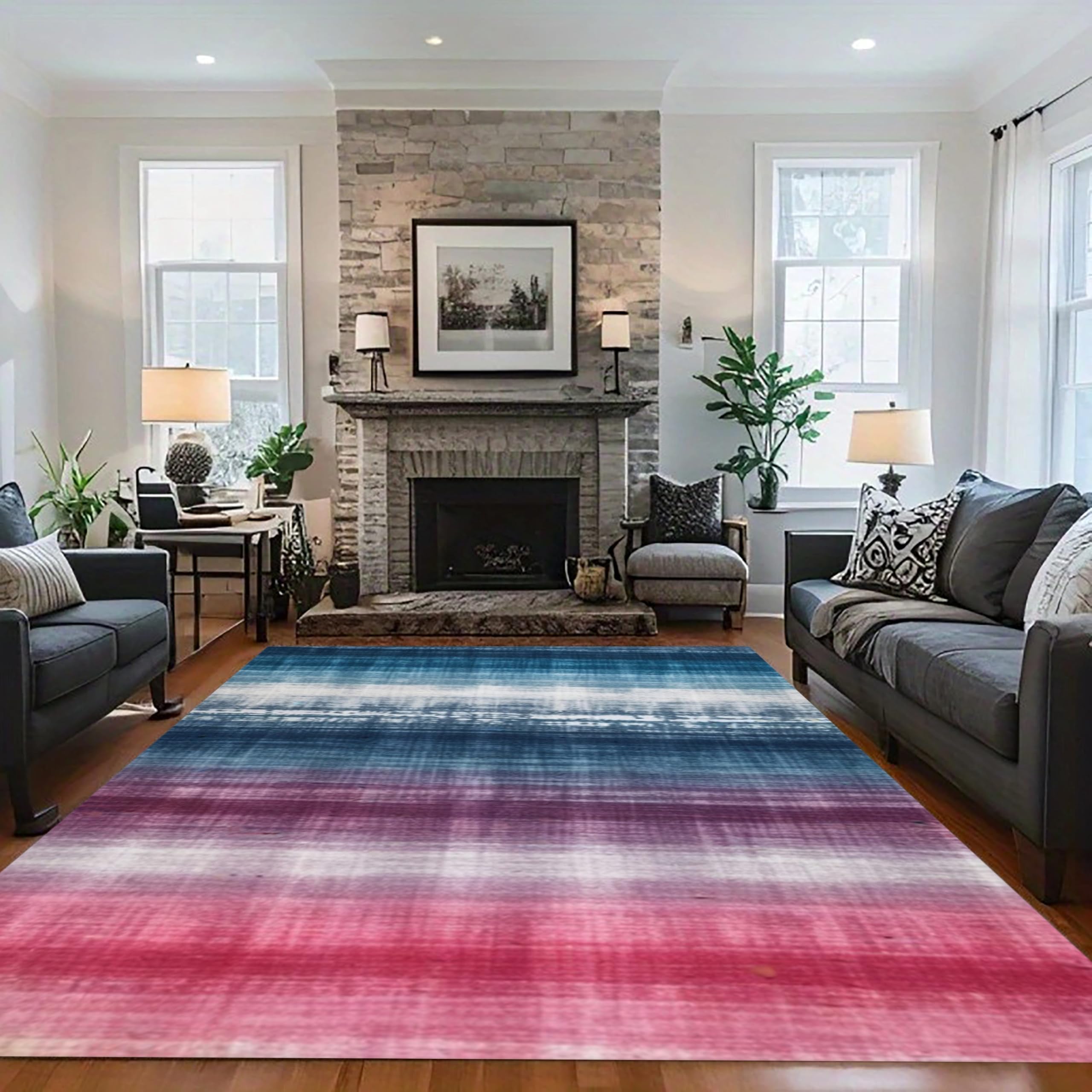 MUOUCTE Abstract Area Rug, 160x230cm Blue Red Patchwork Washed Distressed Rugs, Modern and Beautiful With Non-Slip Rubber Backing Low Pile Carpet for Living Room Dining Room Office Carpets