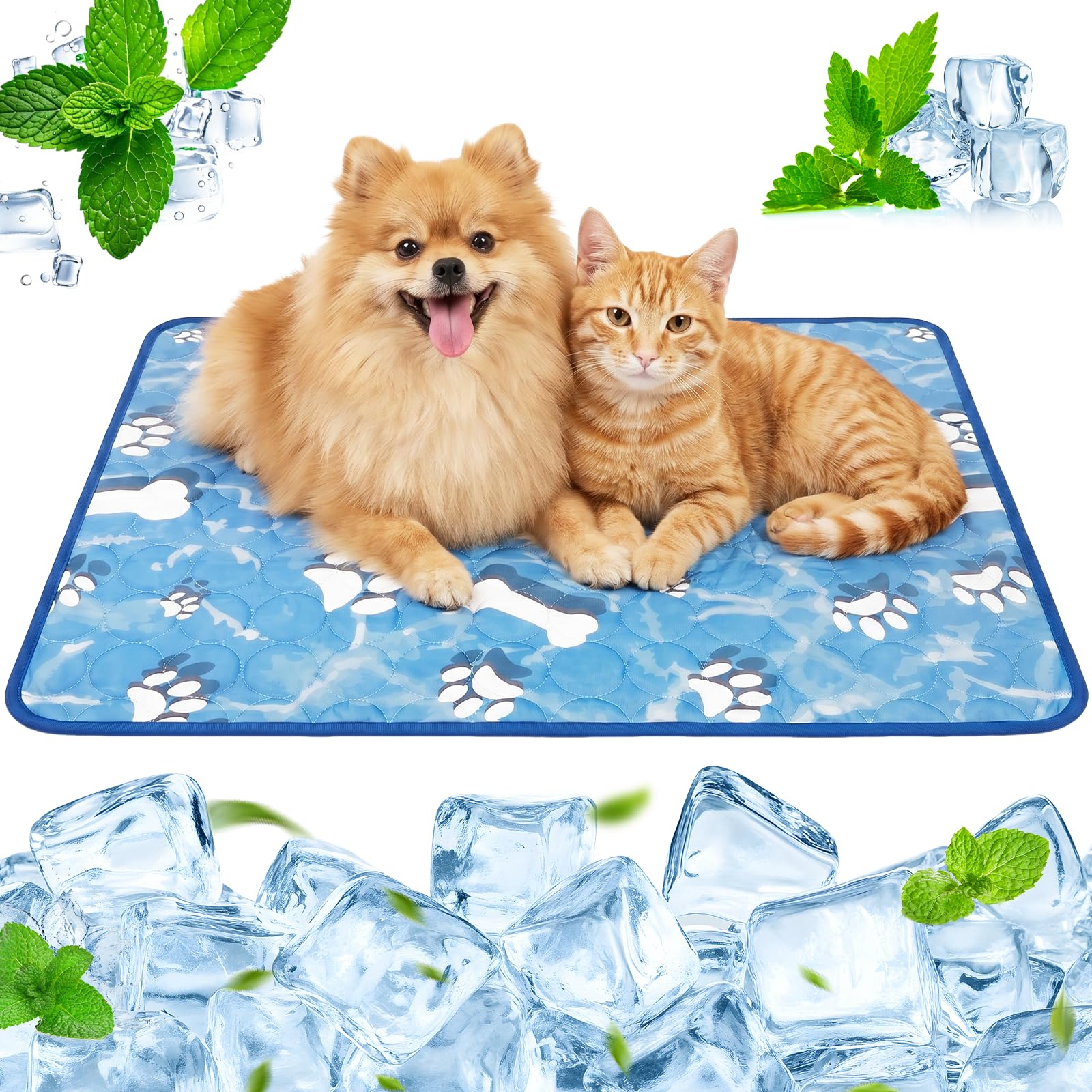 Athora Dog Paw Prints Pets Cool Bed Mat, Soft Comfortable Pet Cooling Pads, Summer Cool Mat for Dogs (Blue, 100 * 70cm)