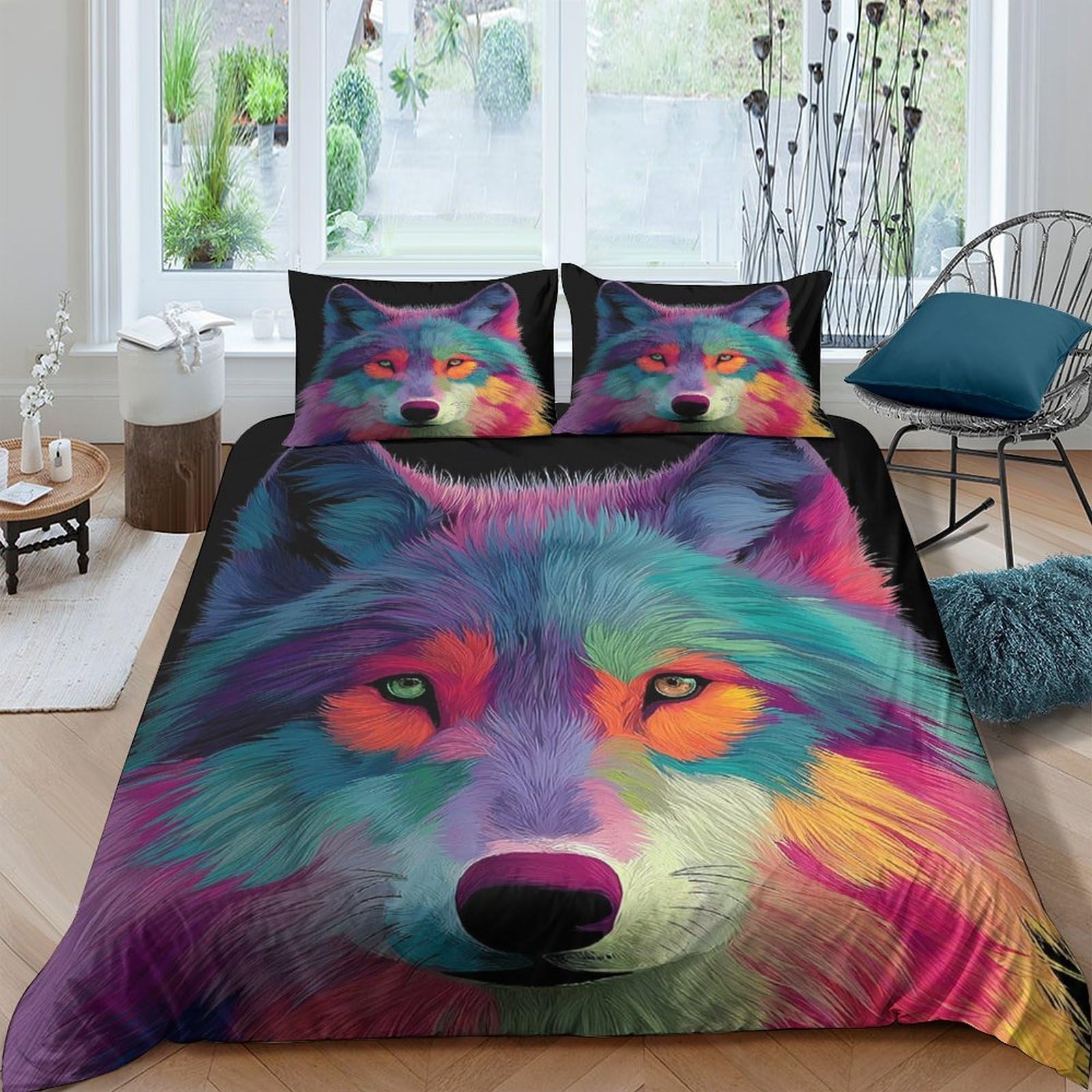Ctjqhvkz Style-9 3D Printed Colorful Wolf Fitted Sheet Microfiber Soft Bedroom Decor Rainbow Animal Bed Cover Adult Teen Single（135X200cm）